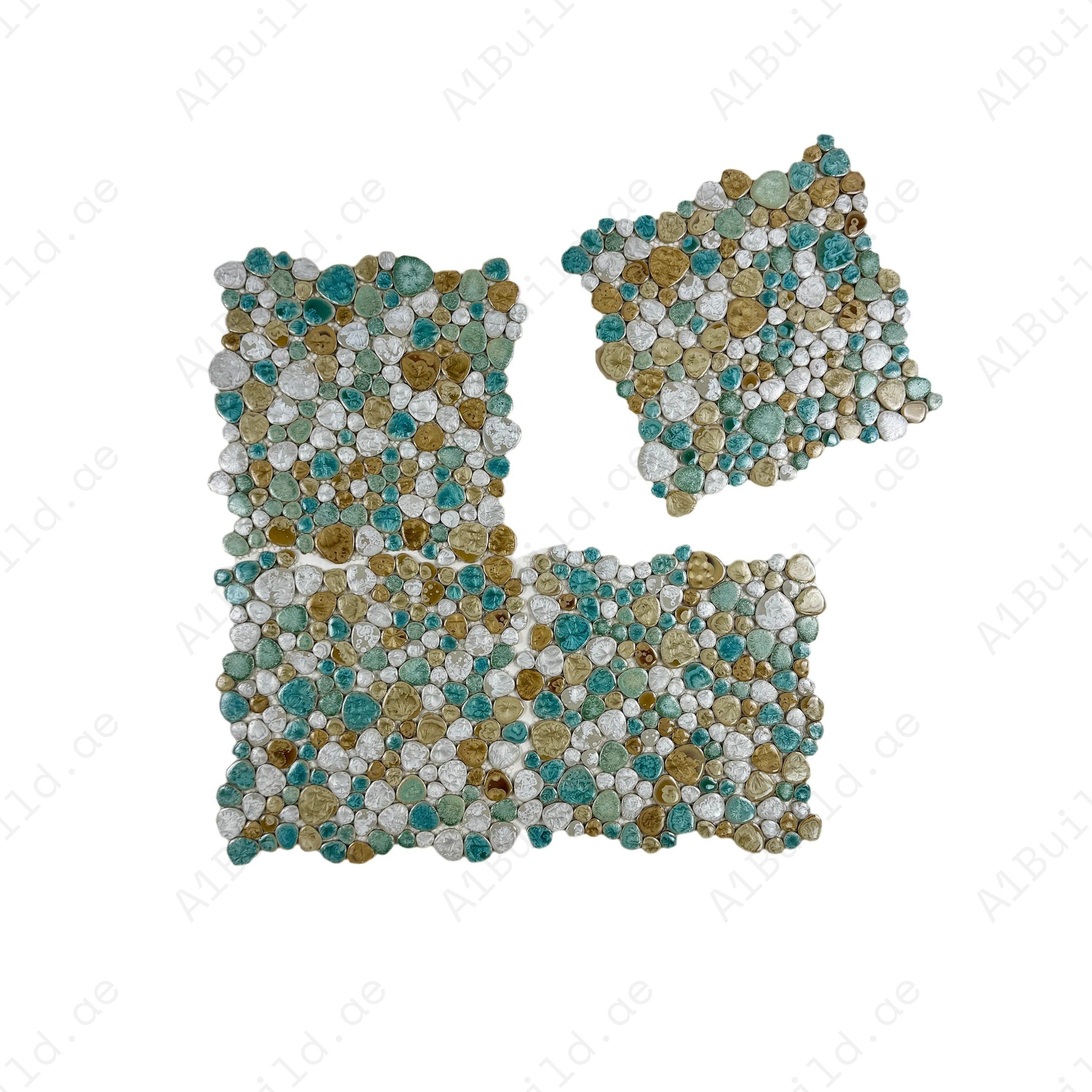 White, beige & jungle green mixed round ice crack porcelain mosaic. Perfect for walls, kitchens, bathrooms, and decorative spaces with a natural vibe.