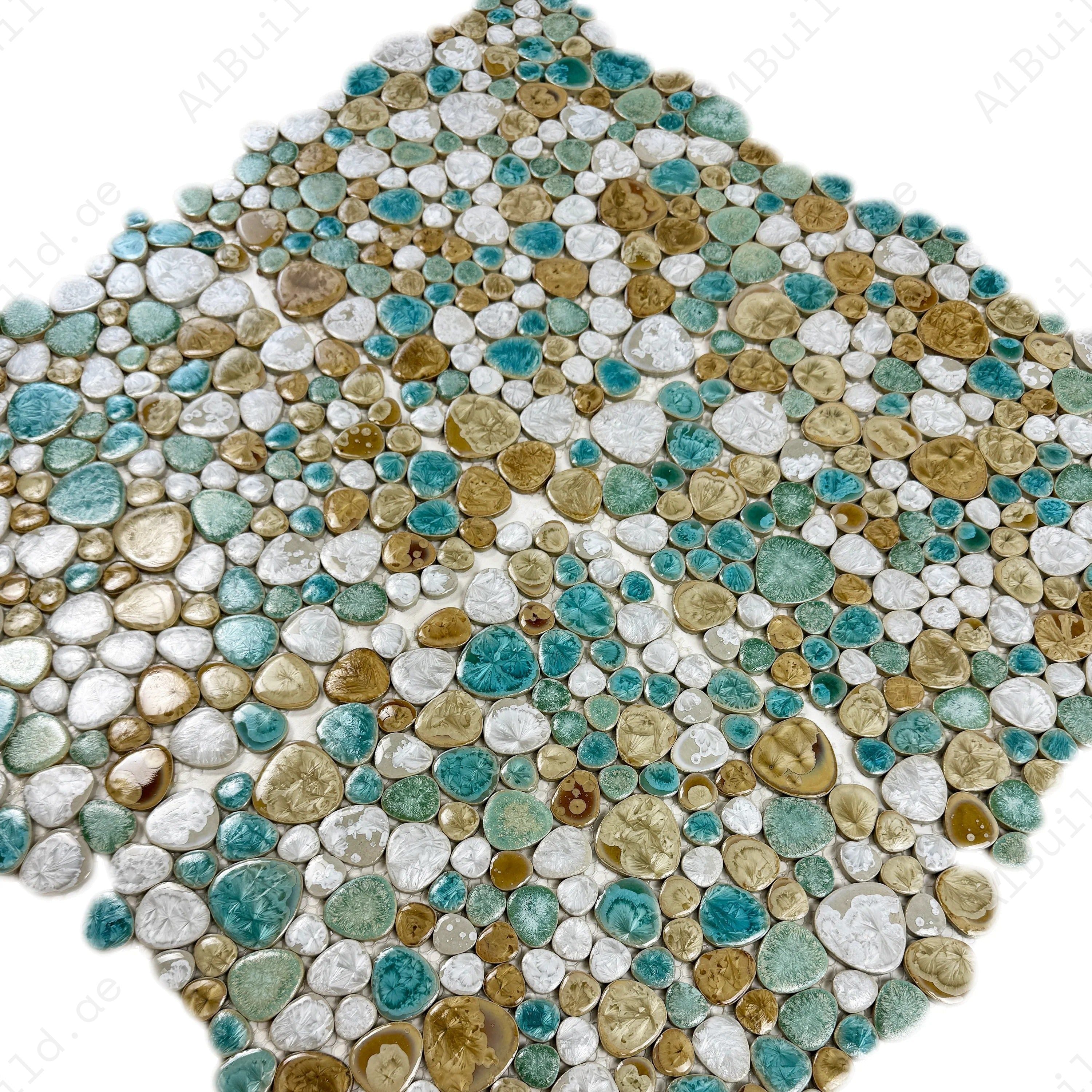 White, beige & jungle green mixed round ice crack porcelain mosaic. Perfect for walls, kitchens, bathrooms, and decorative spaces with a natural vibe.