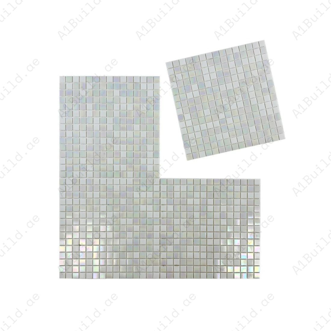 White iridescent glass mosaic tiles for pools, spas & water features. UV-resistant, slip-proof & eco-friendly—perfect for luxury aquatic designs in Dubai.