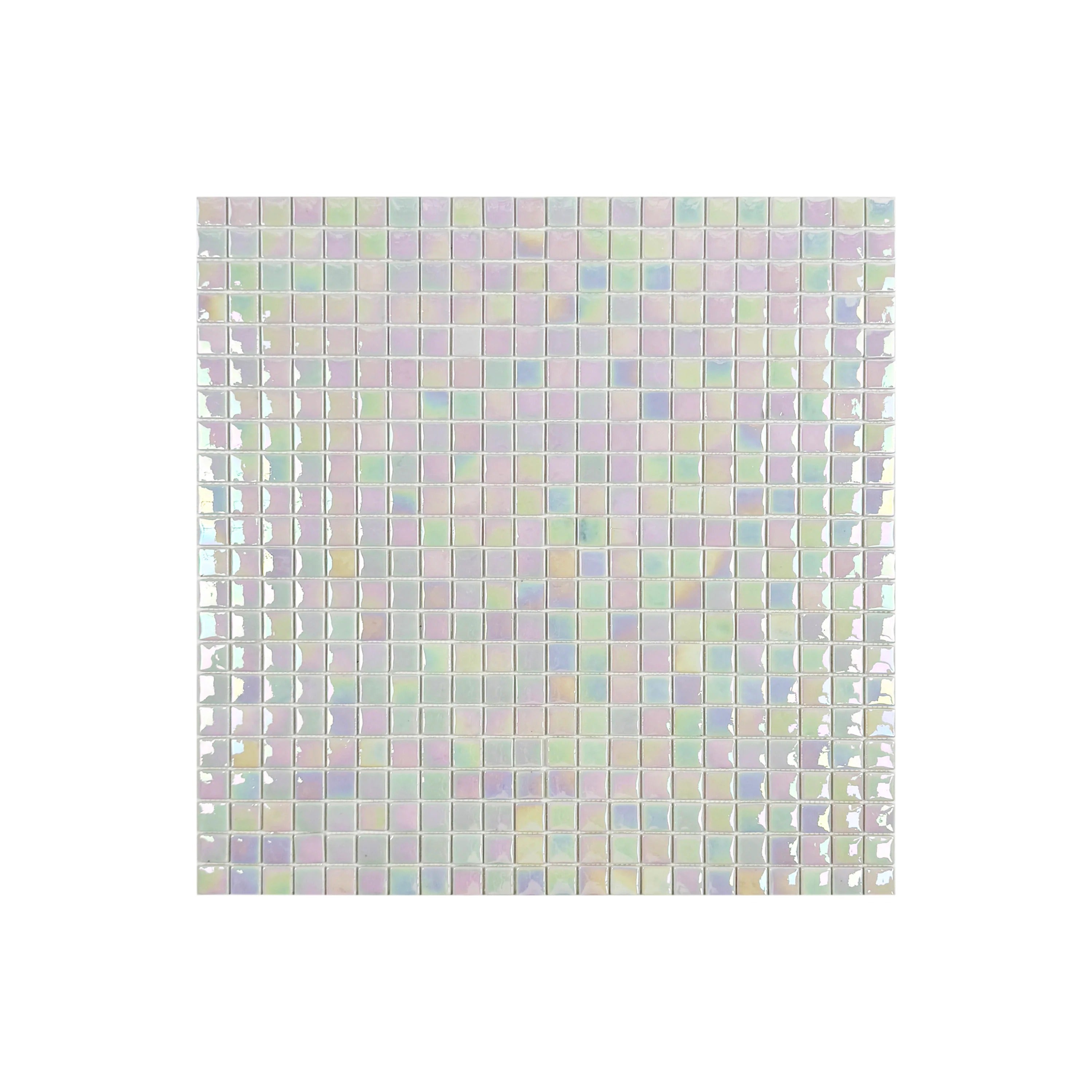 White iridescent glossy recycled glass mosaic tiles, eco-friendly and durable. Ideal for swimming pools, spas, water features, and luxury wet area designs.