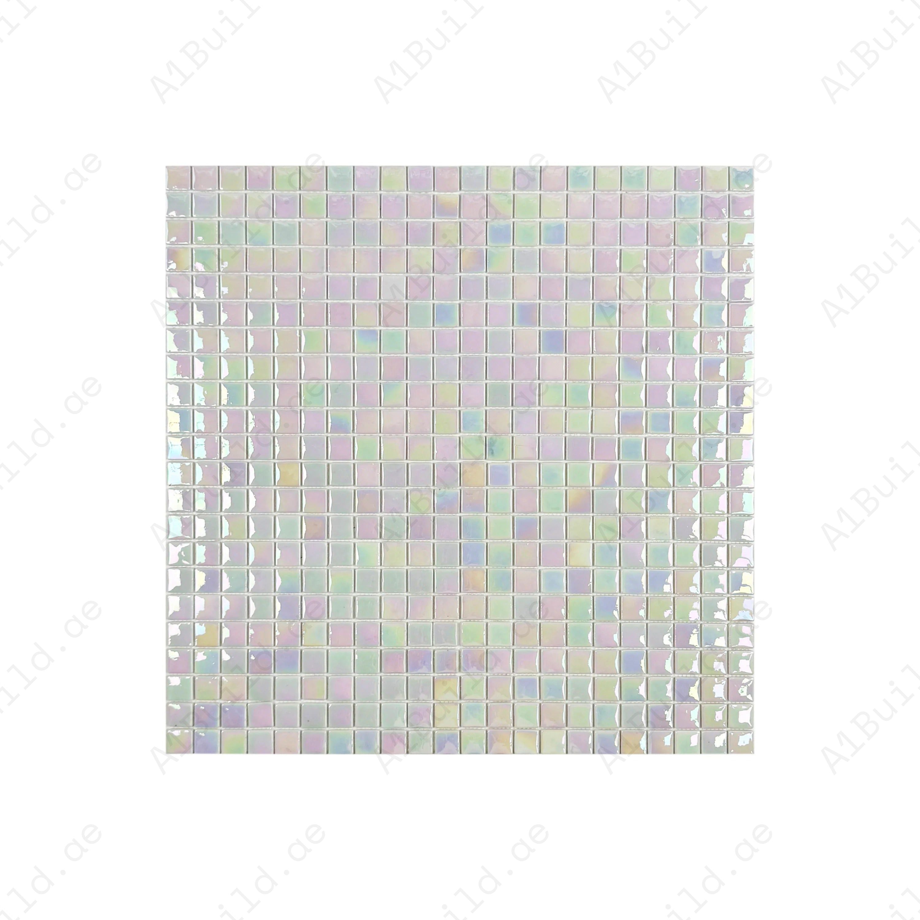 White iridescent glossy recycled glass mosaic tiles, eco-friendly and durable. Ideal for swimming pools, spas, water features, and luxury wet area designs.