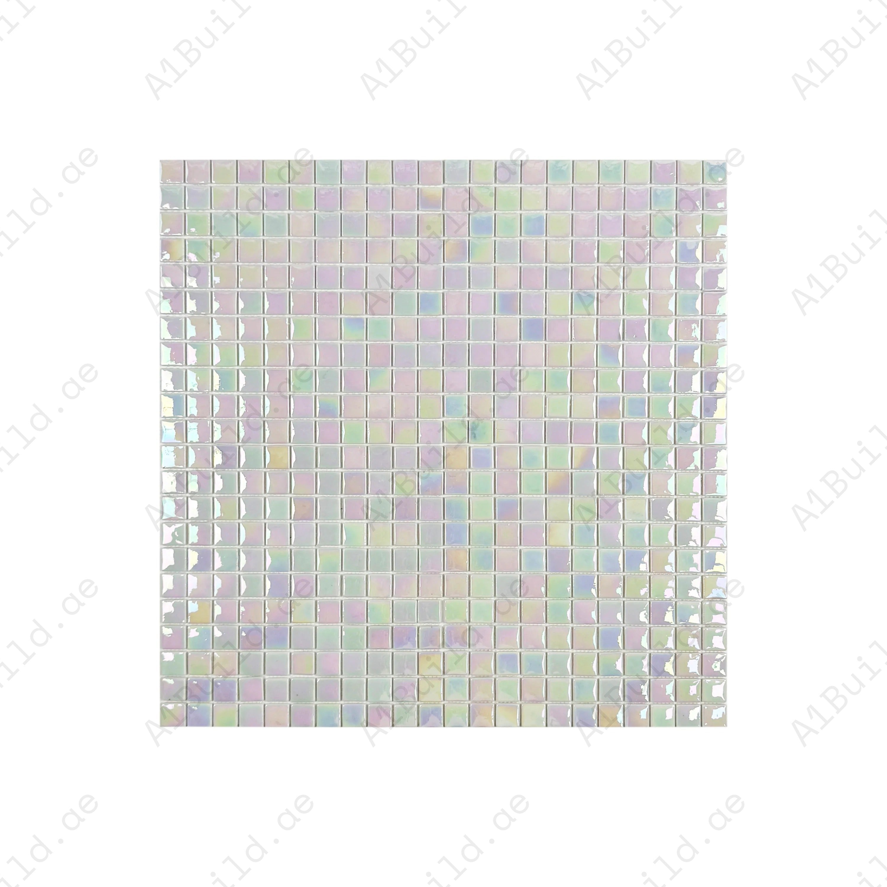 White iridescent glossy recycled glass mosaic tiles, eco-friendly and durable. Ideal for swimming pools, spas, water features, and luxury wet area designs.