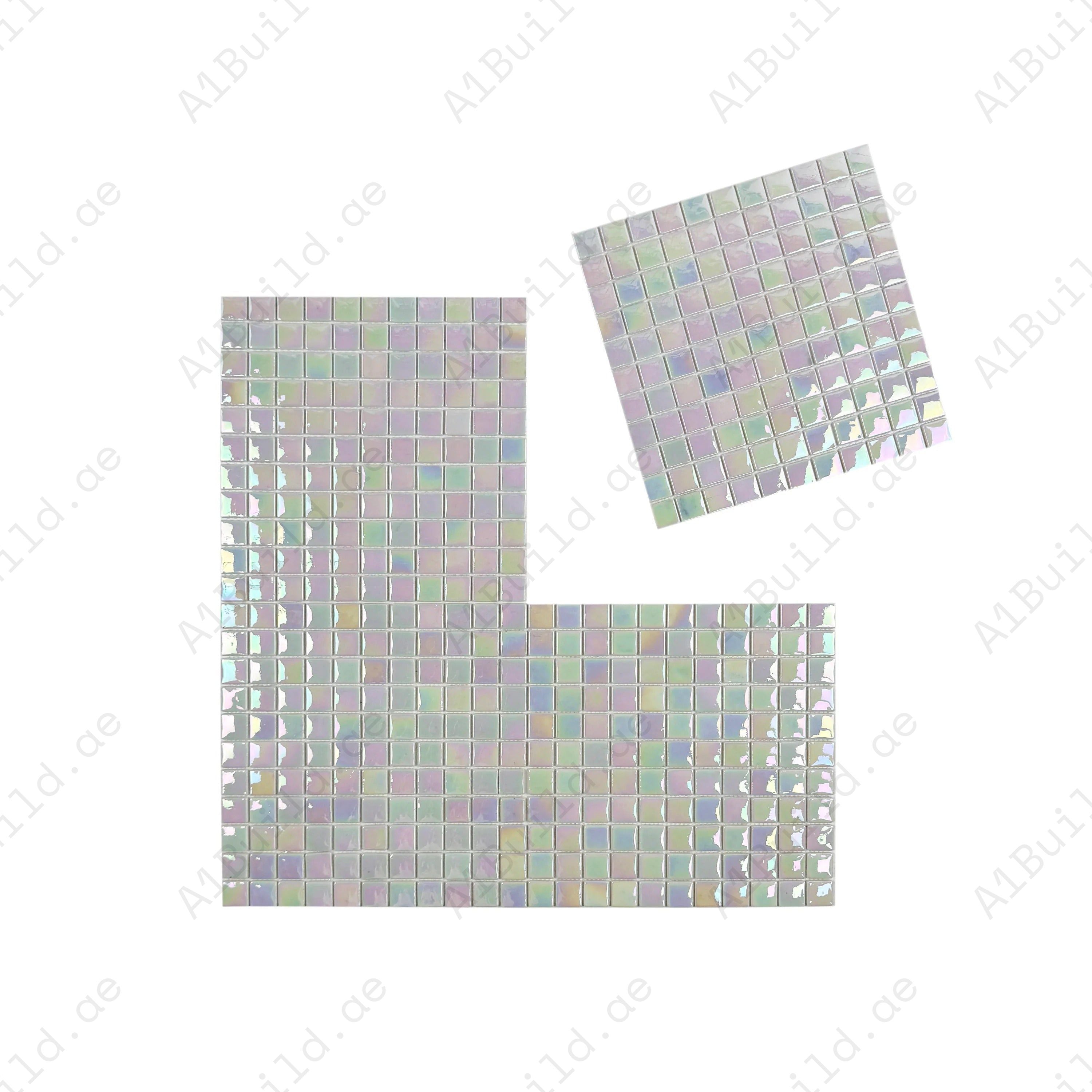 White iridescent glossy recycled glass mosaic tiles, eco-friendly and durable. Ideal for swimming pools, spas, water features, and luxury wet area designs.