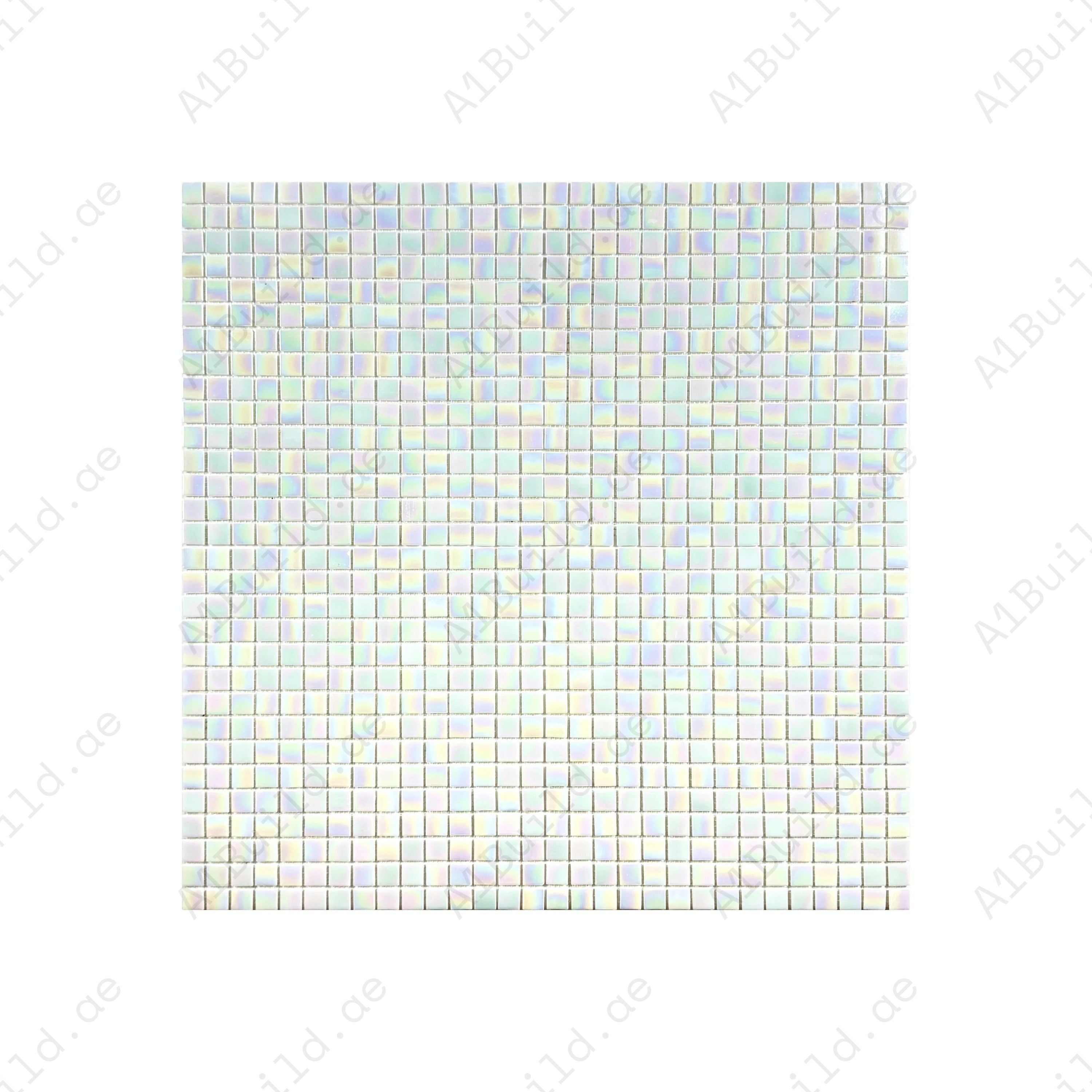 White iridescent hot melt glass mosaic tiles for pools, spas & walls. UV-resistant, slip-resistant & eco-friendly—perfect for luxury aquatic designs in Dubai.