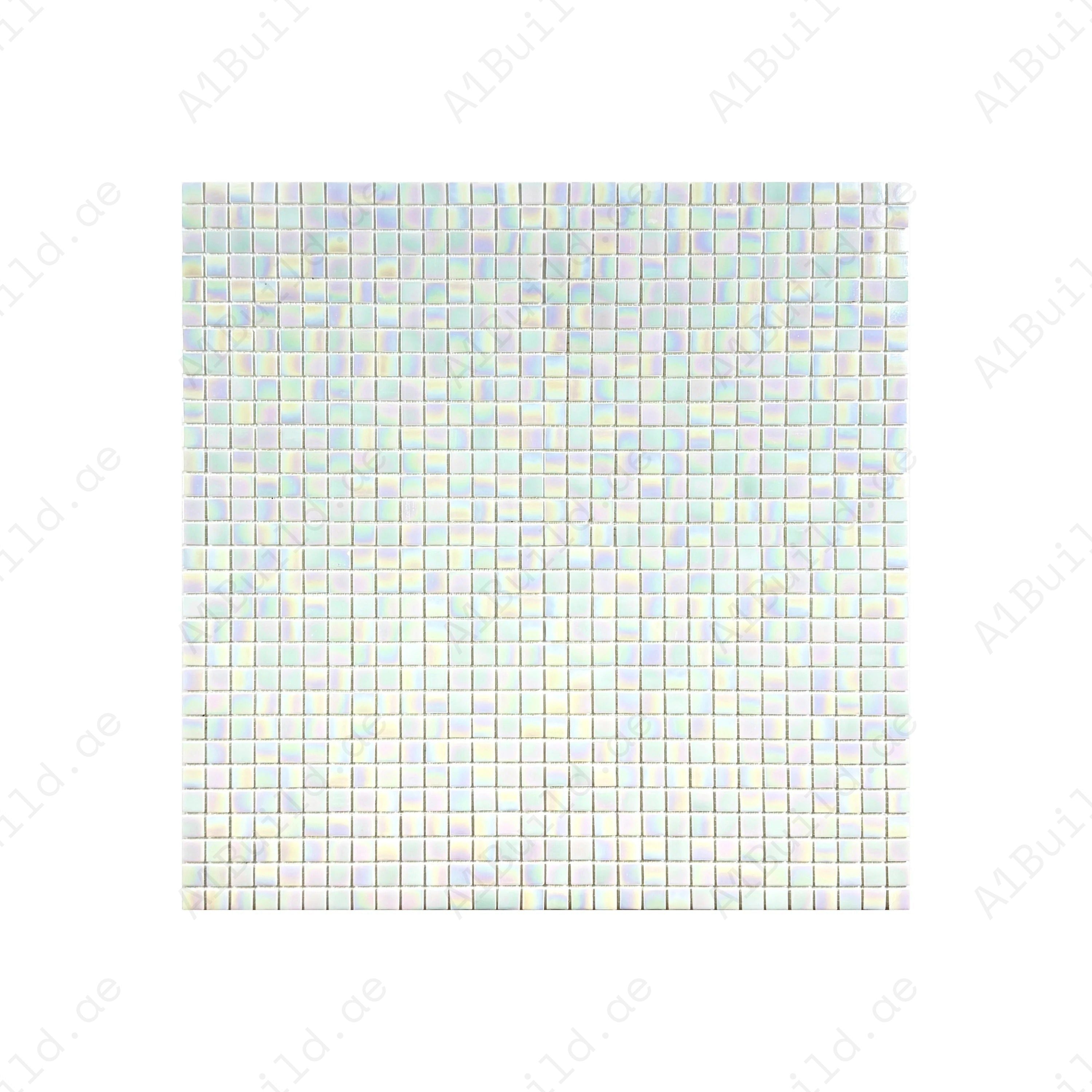 White iridescent hot melt glass mosaic tiles for pools, spas & walls. UV-resistant, slip-resistant & eco-friendly—perfect for luxury aquatic designs in Dubai.