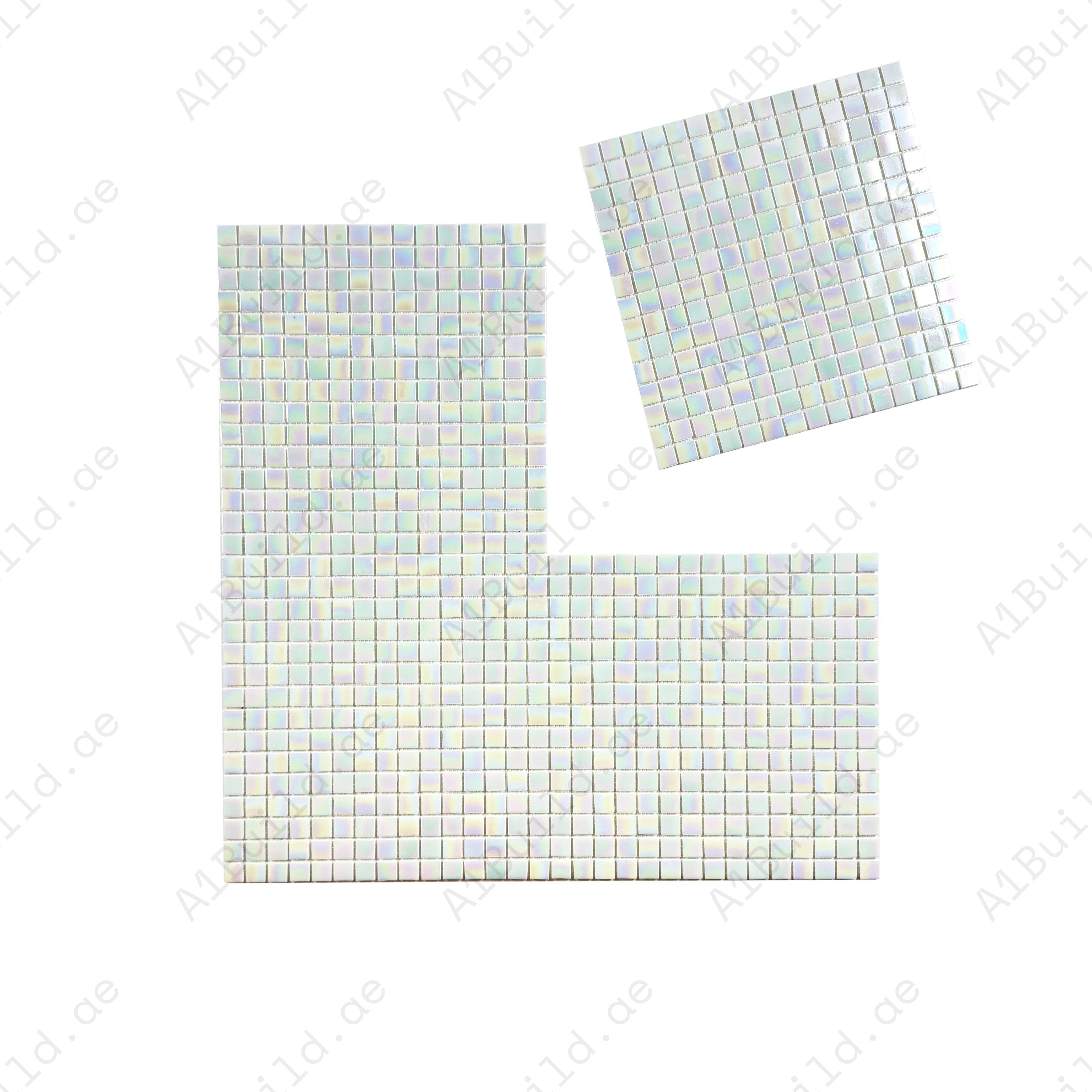 White iridescent hot melt glass mosaic tiles for pools, spas & walls. UV-resistant, slip-resistant & eco-friendly—perfect for luxury aquatic designs in Dubai.