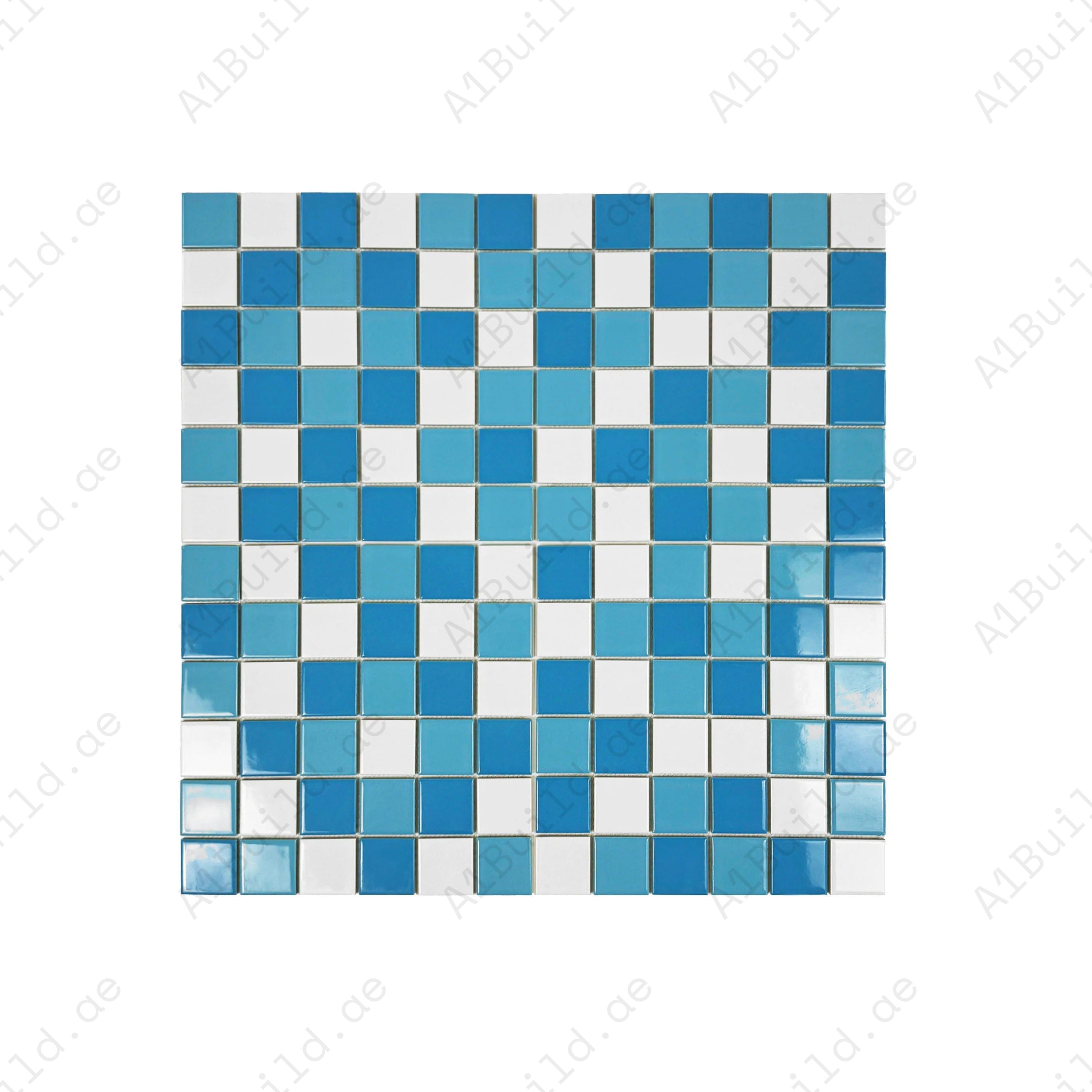 White, sky & light blue porcelain mosaic. 48x48 chips on 306x306 sheets; 22/box covers 2.06 sqm. UV- & slip resistant—great for pools, spas, and water features.