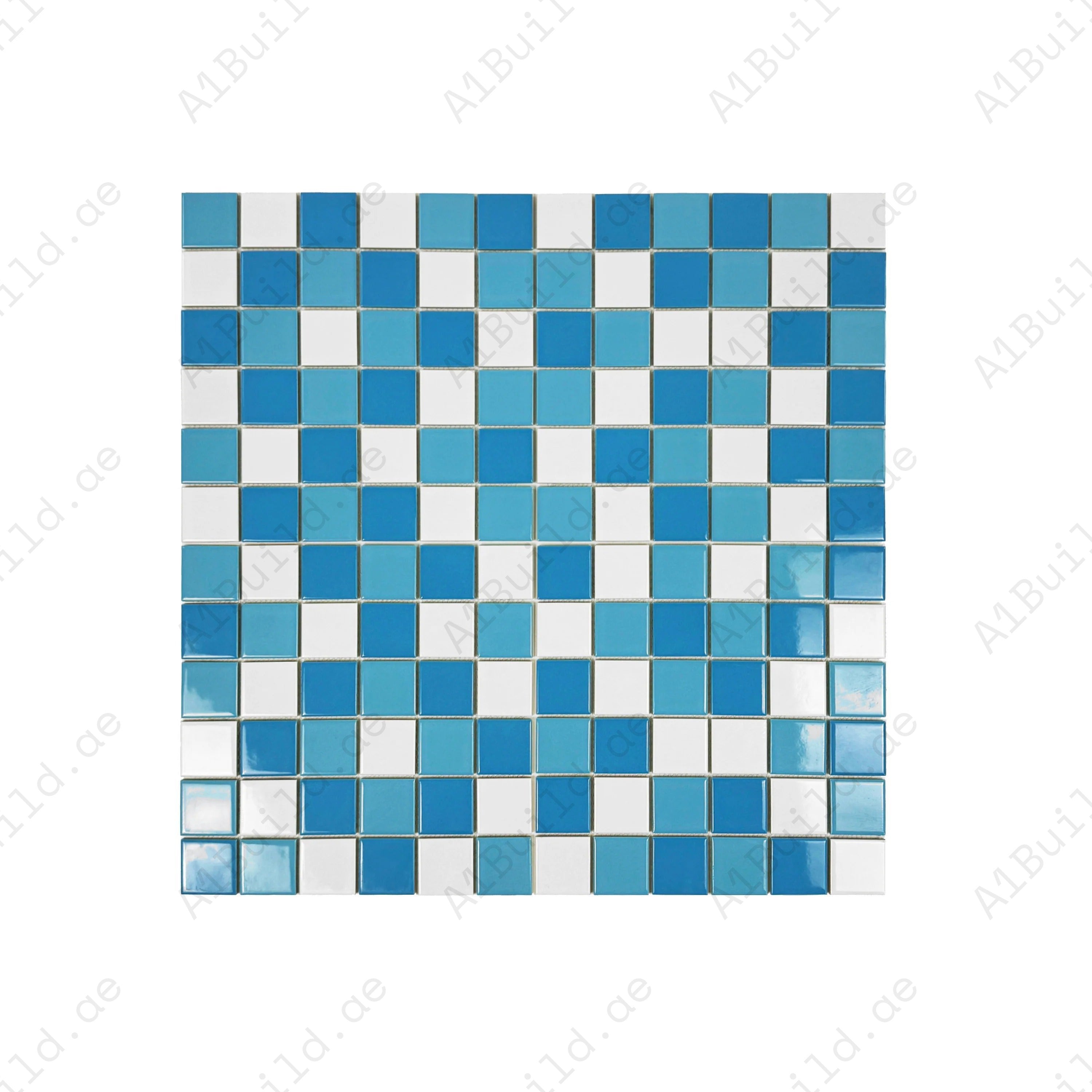 White, sky & light blue porcelain mosaic. 48x48 chips on 306x306 sheets; 22/box covers 2.06 sqm. UV- & slip resistant—great for pools, spas, and water features.