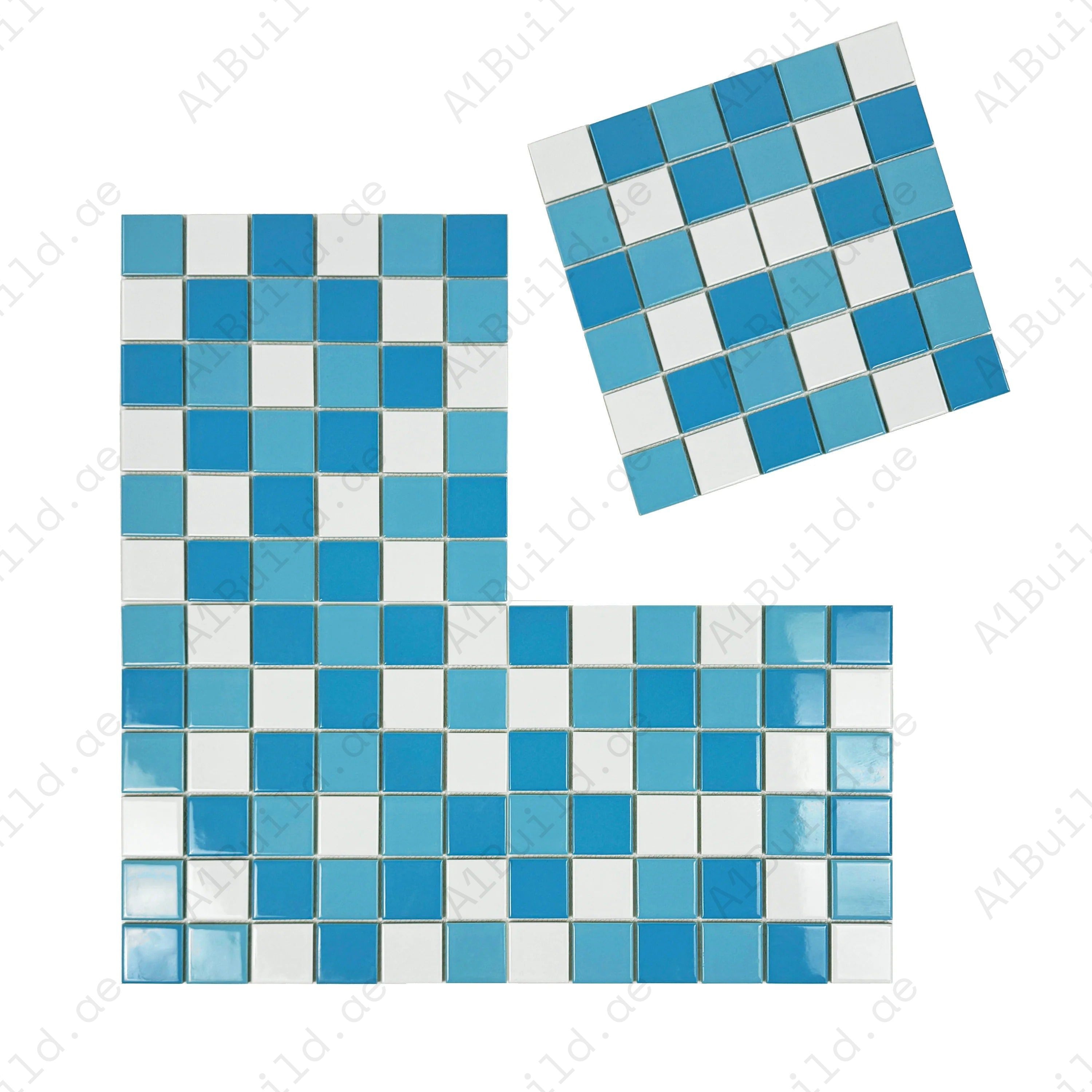 White, sky & light blue porcelain mosaic. 48x48 chips on 306x306 sheets; 22/box covers 2.06 sqm. UV- & slip resistant—great for pools, spas, and water features.