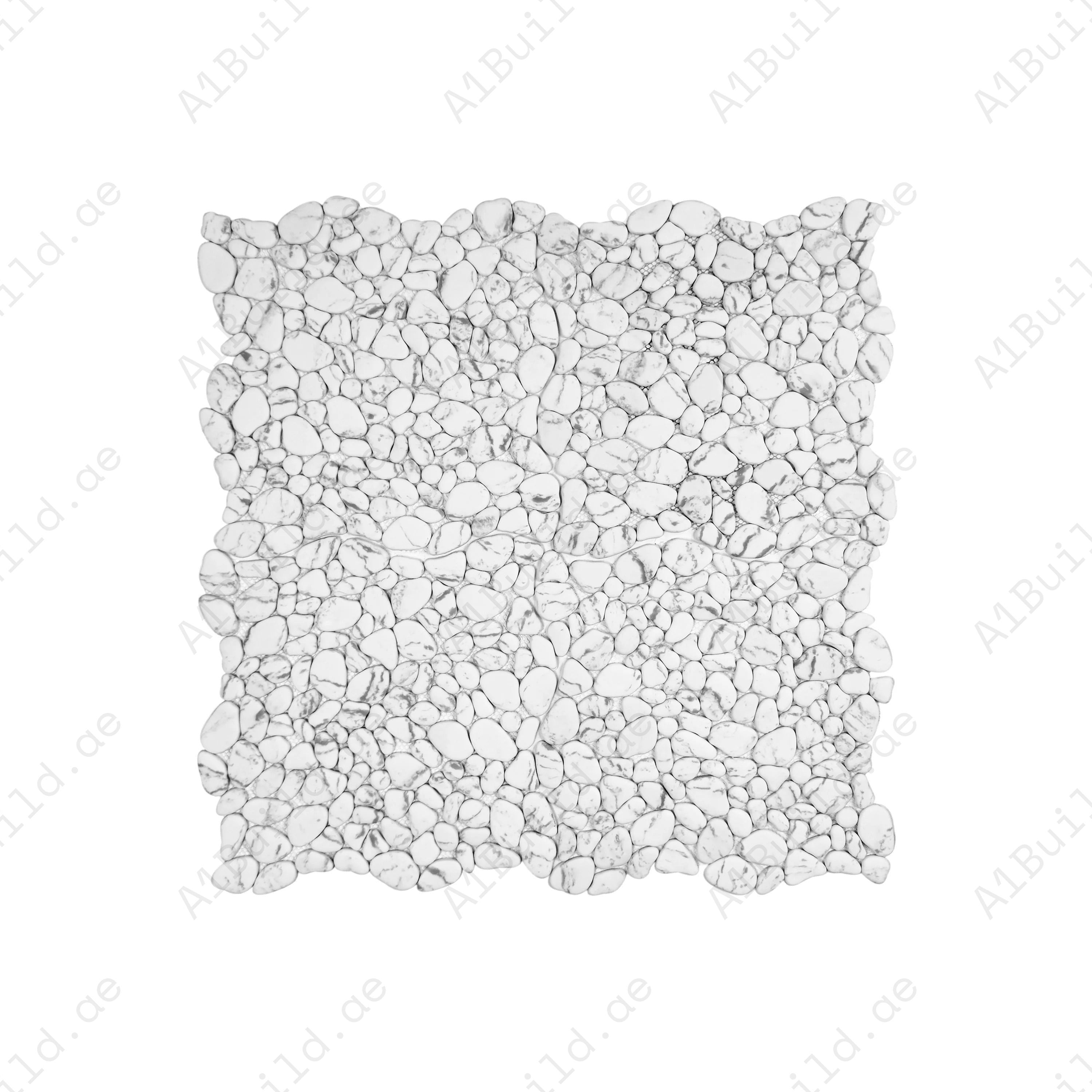 White with black vein semi-matte pebble stone mosaic in irregular round shapes. Perfect for walls, bathrooms, and decorative interiors with natural style.