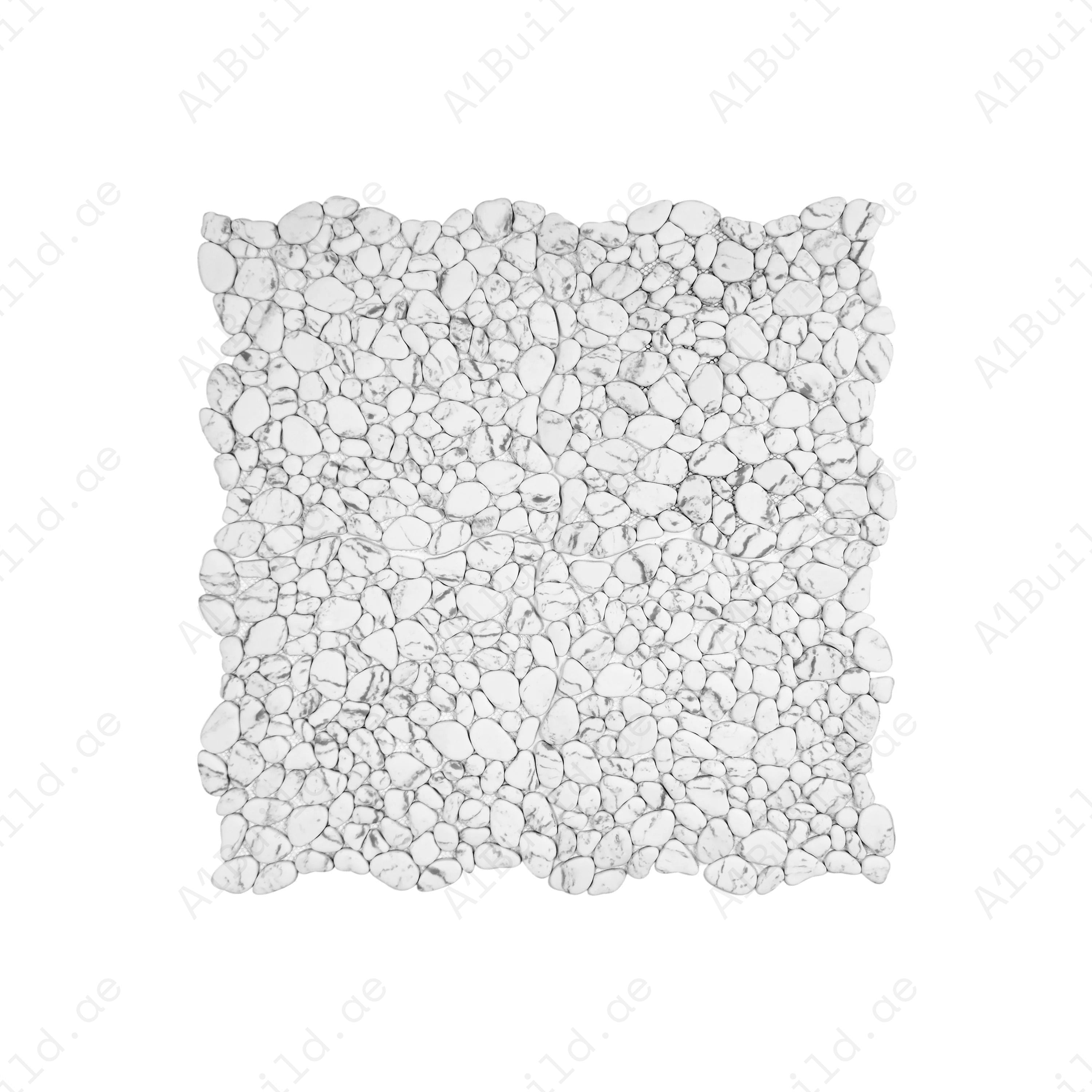 White with black vein semi-matte pebble stone mosaic in irregular round shapes. Perfect for walls, bathrooms, and decorative interiors with natural style.