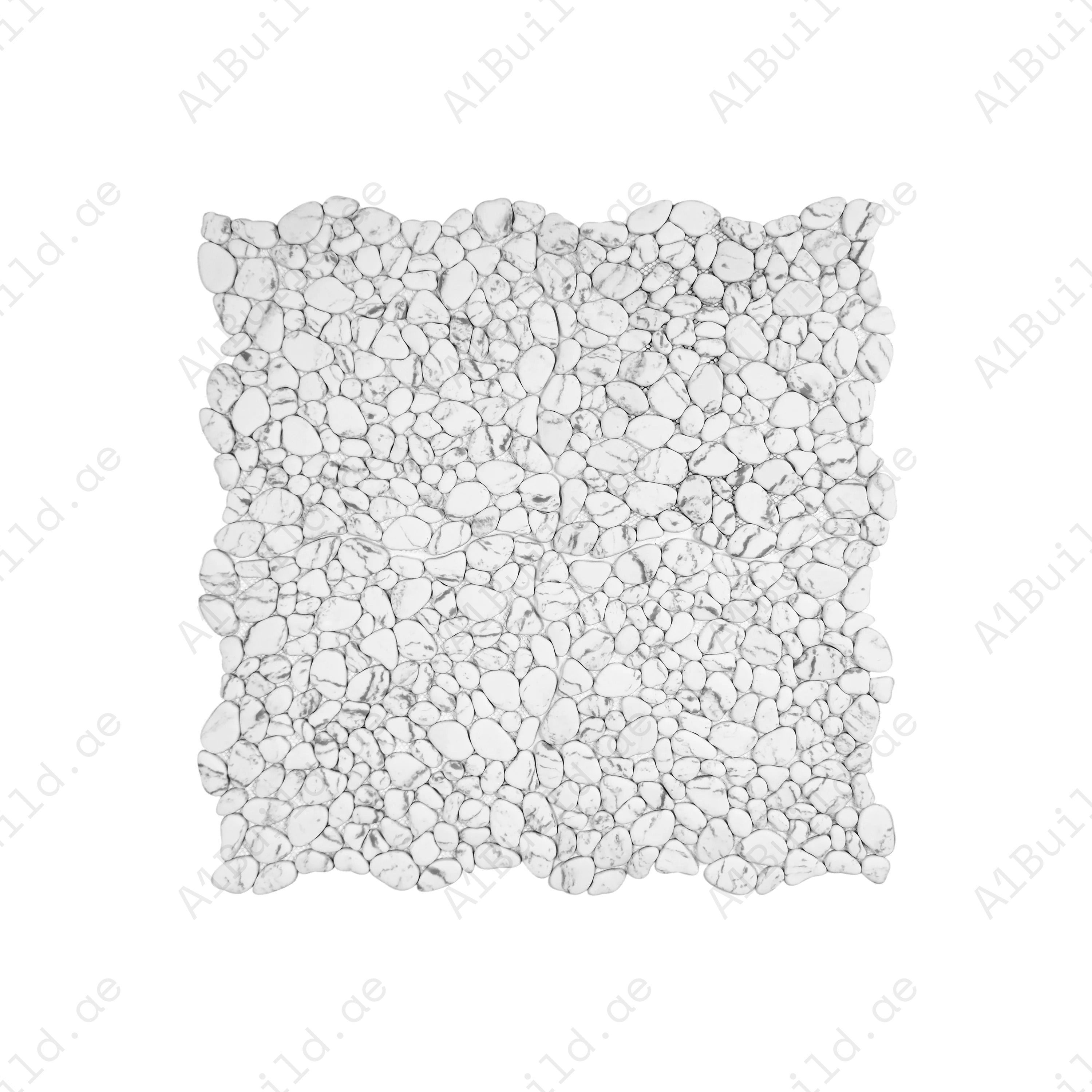 White with black vein semi-matte pebble stone mosaic in irregular round shapes. Perfect for walls, bathrooms, and decorative interiors with natural style.