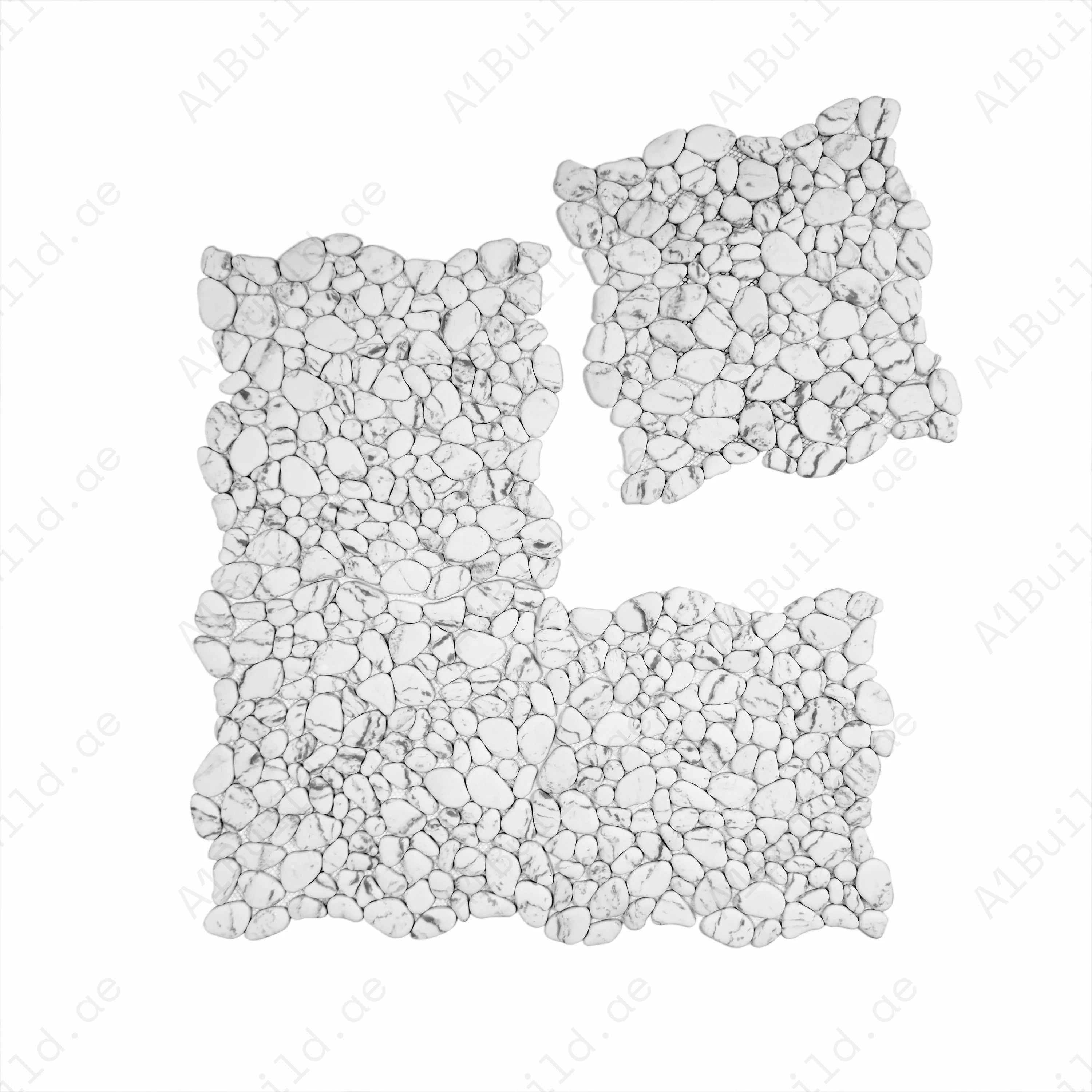 White with black vein semi-matte pebble stone mosaic in irregular round shapes. Perfect for walls, bathrooms, and decorative interiors with natural style.