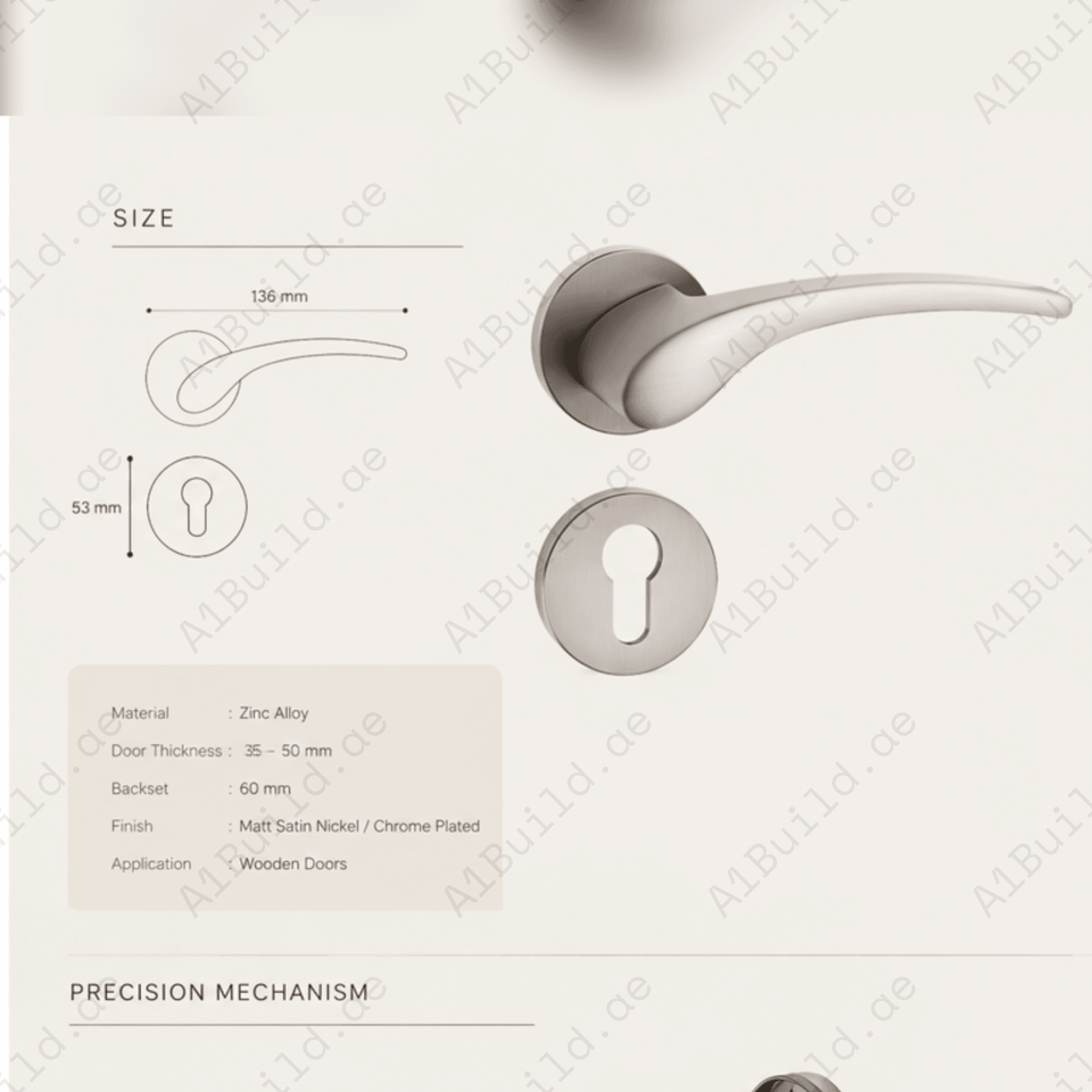 ZR180605 zinc alloy door handle with matt satin nickel and chrome plated finish. Durable, stylish, and secure design ideal for modern interiors.