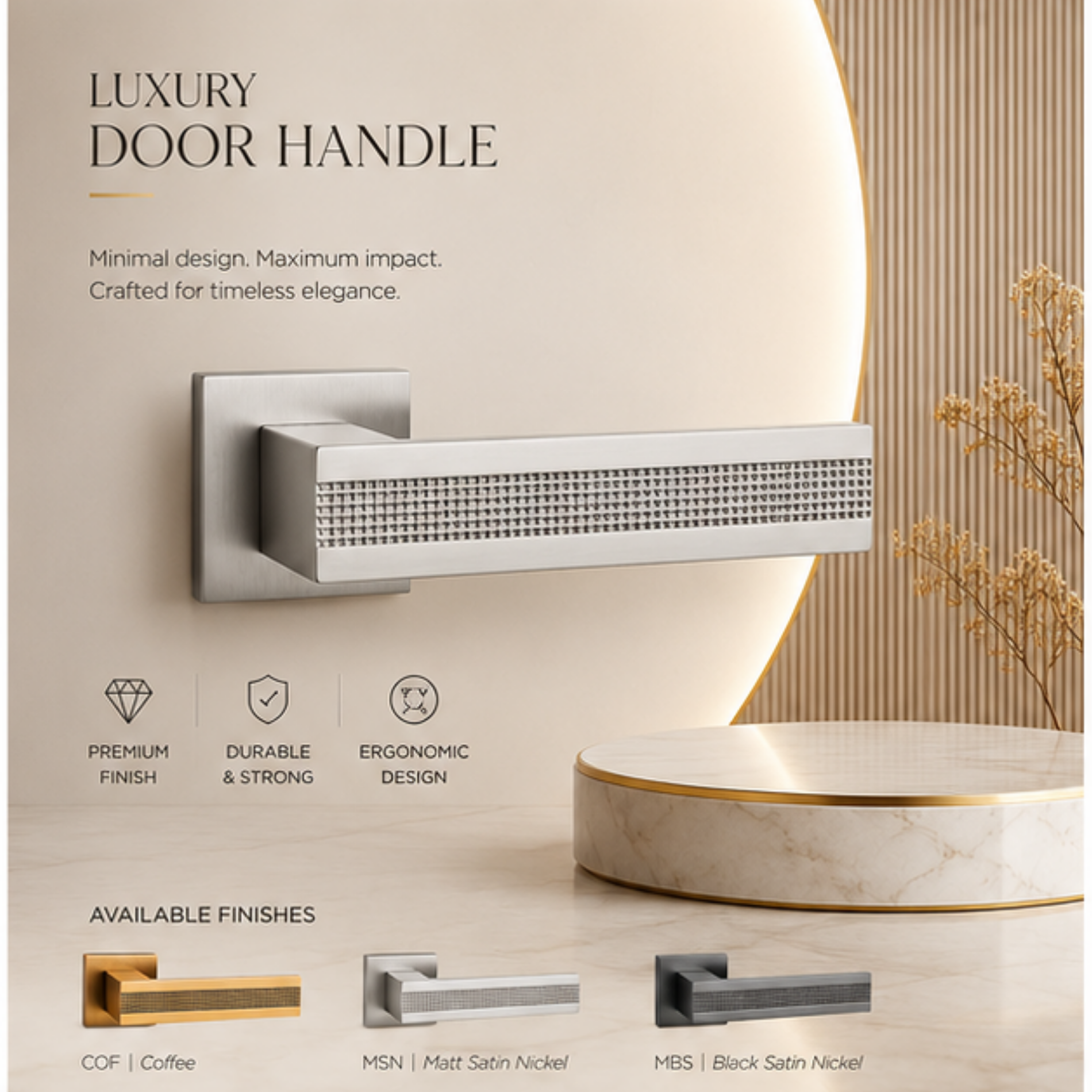 ZR200751 luxury zinc alloy door handle with COF Coffee, Black & Satin Nickel PVD finishes. Durable 129x53mm designer hardware for modern interiors.