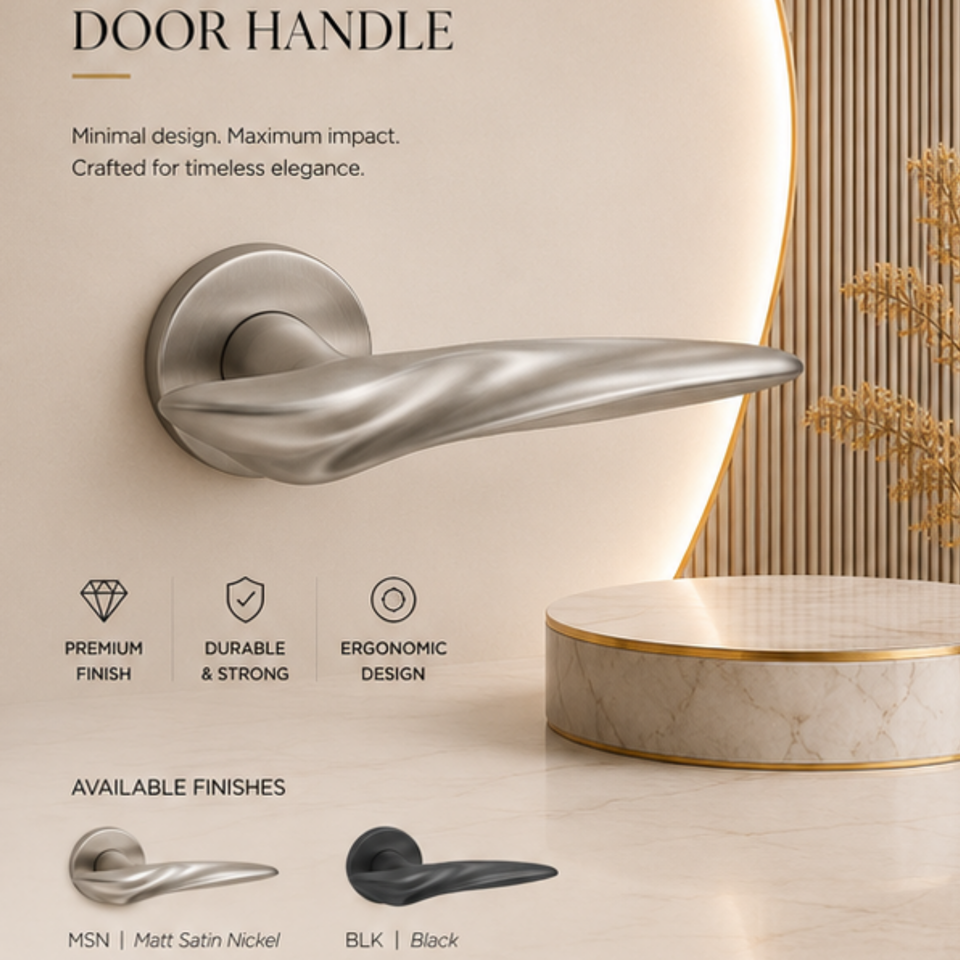 ZR200988 luxury zinc alloy door handle in Matt Satin Nickel and Black finish. Durable 150x54mm designer hardware for modern luxury interiors.