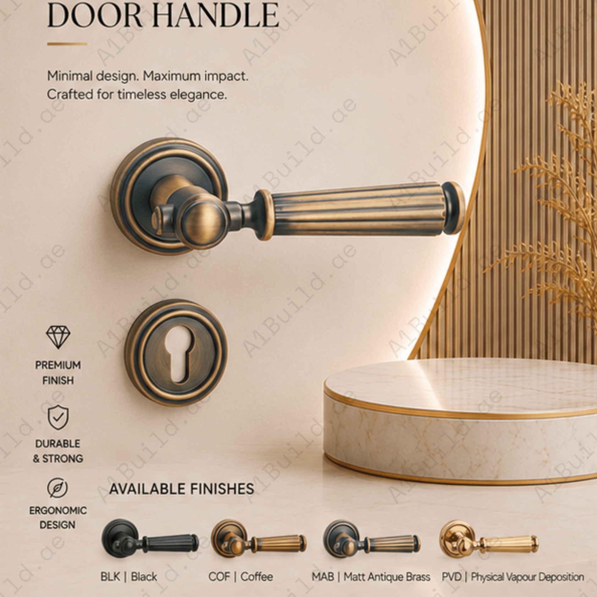 ZR220539 luxury zinc alloy door handle with Black, Coffee and Matt Antique Brass PVD finishes. Premium architectural hardware for modern interiors.