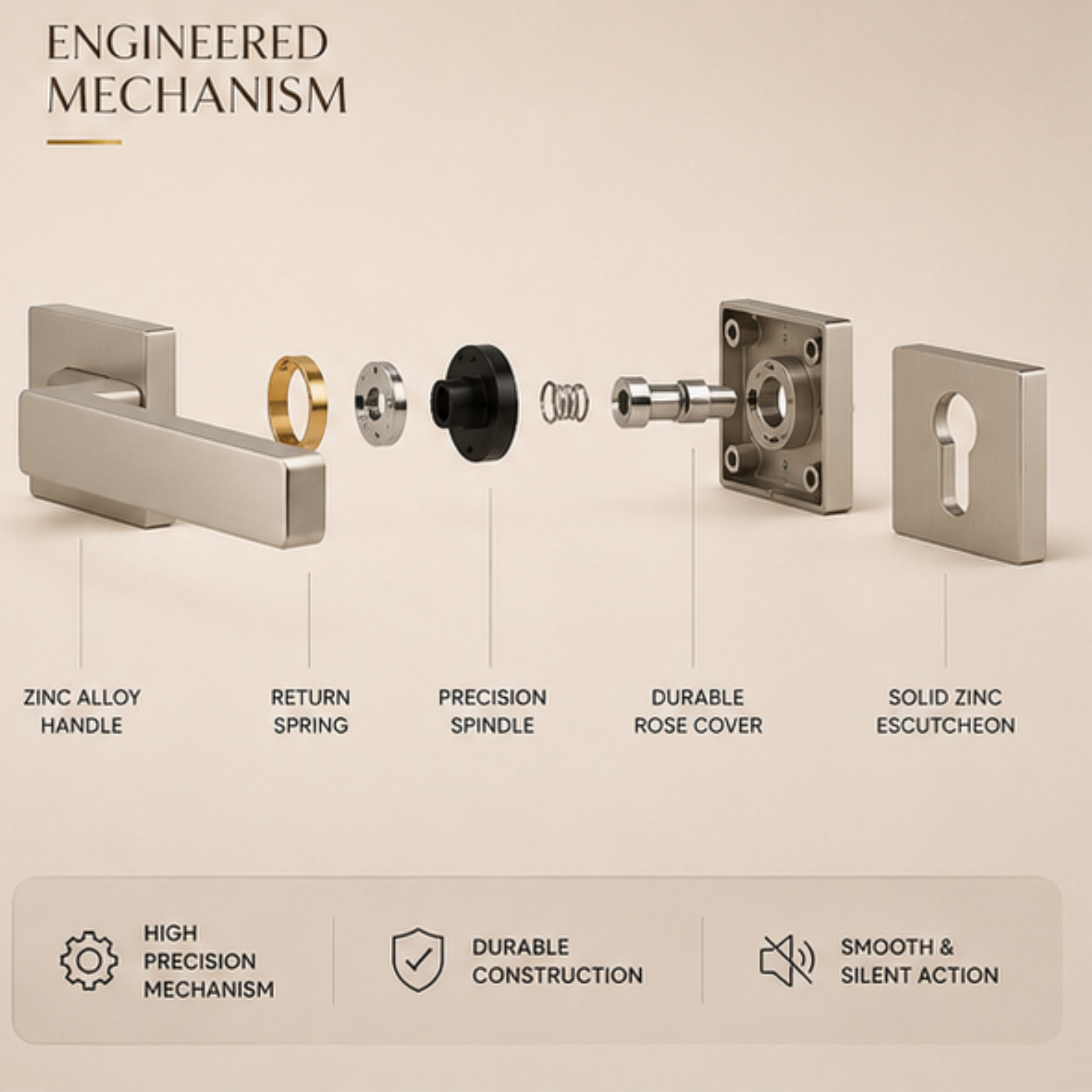 ZR220933 luxury zinc alloy door handle in Rose Gold, Matt Satin Nickel and Antique Brass finishes. Premium designer hardware for modern interiors.