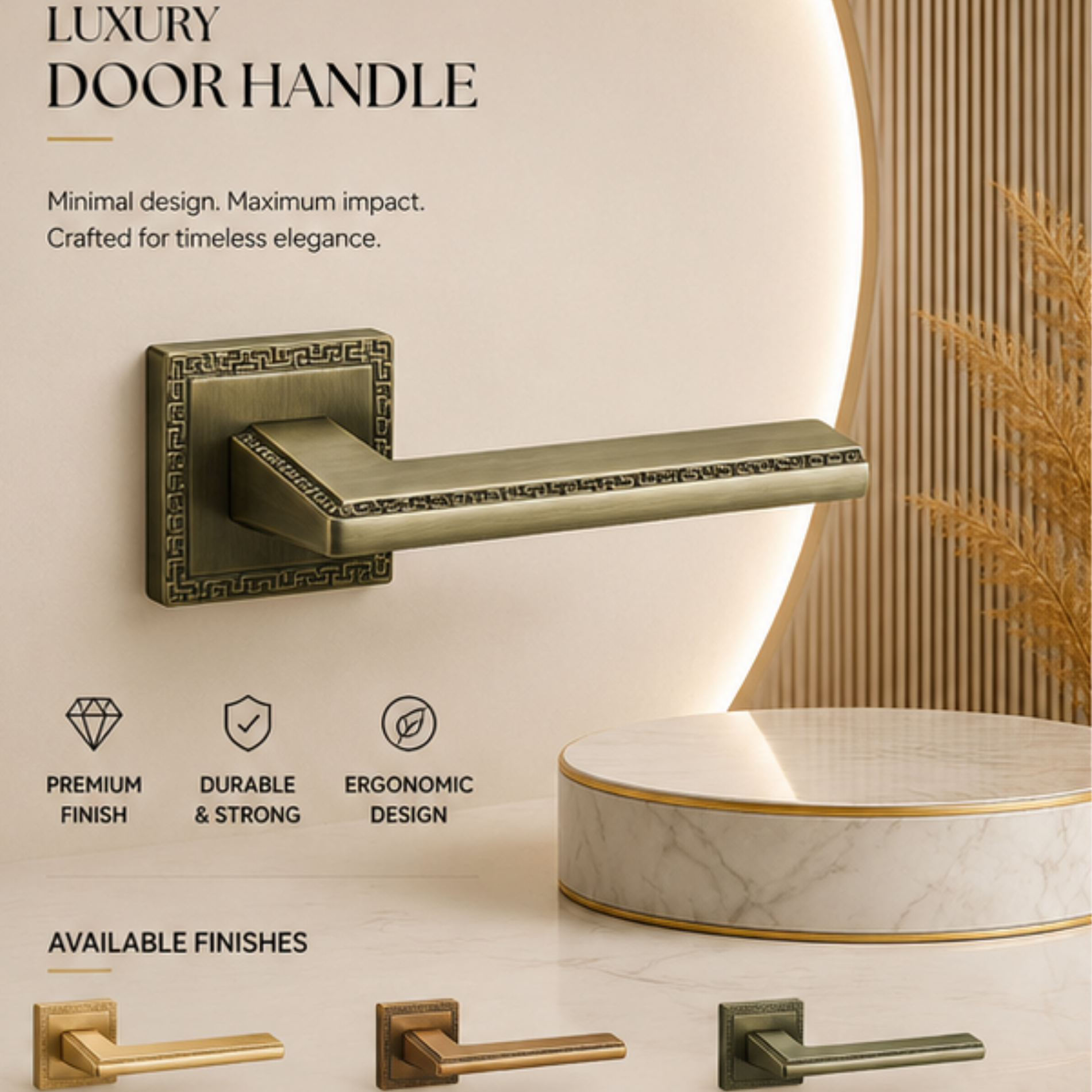 ZR230455 luxury zinc alloy door handle in Satin Brass, Coffee and Antique Brass finishes. Premium designer hardware for warm modern interiors.