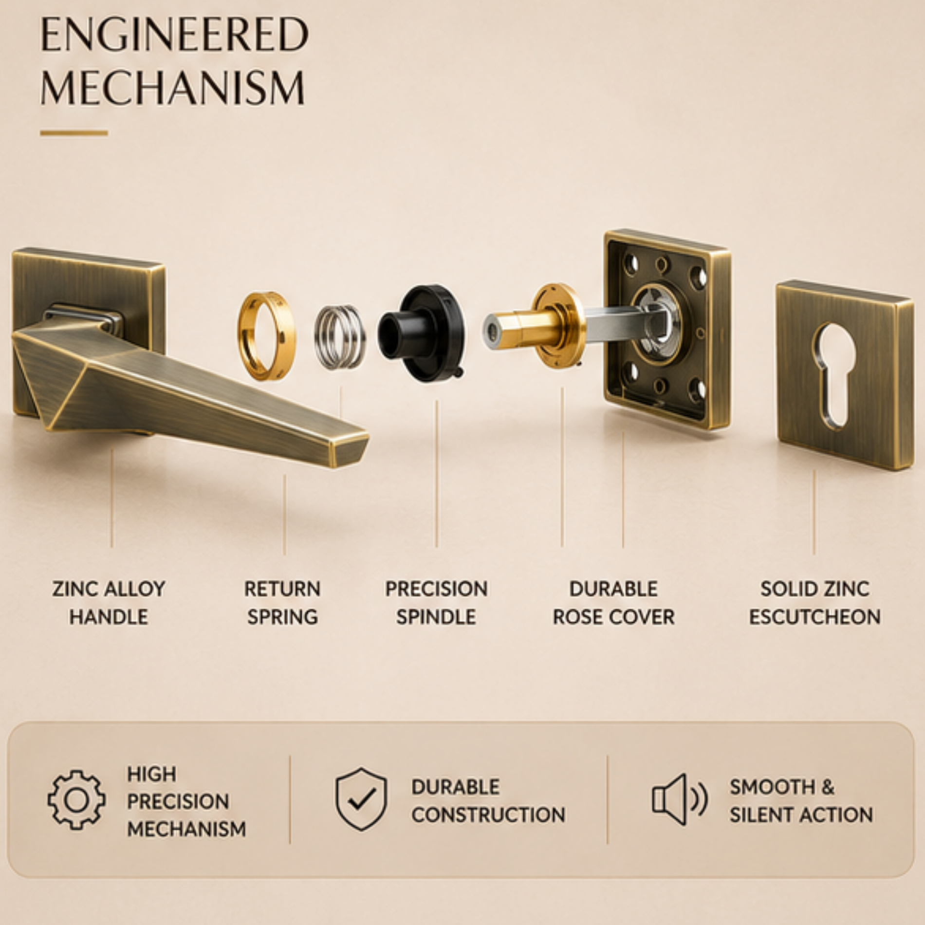 ZR230468 luxury zinc alloy door handle in Satin Nickel, Satin Brass and Antique Brass finishes. Premium modern hardware for elegant interiors.