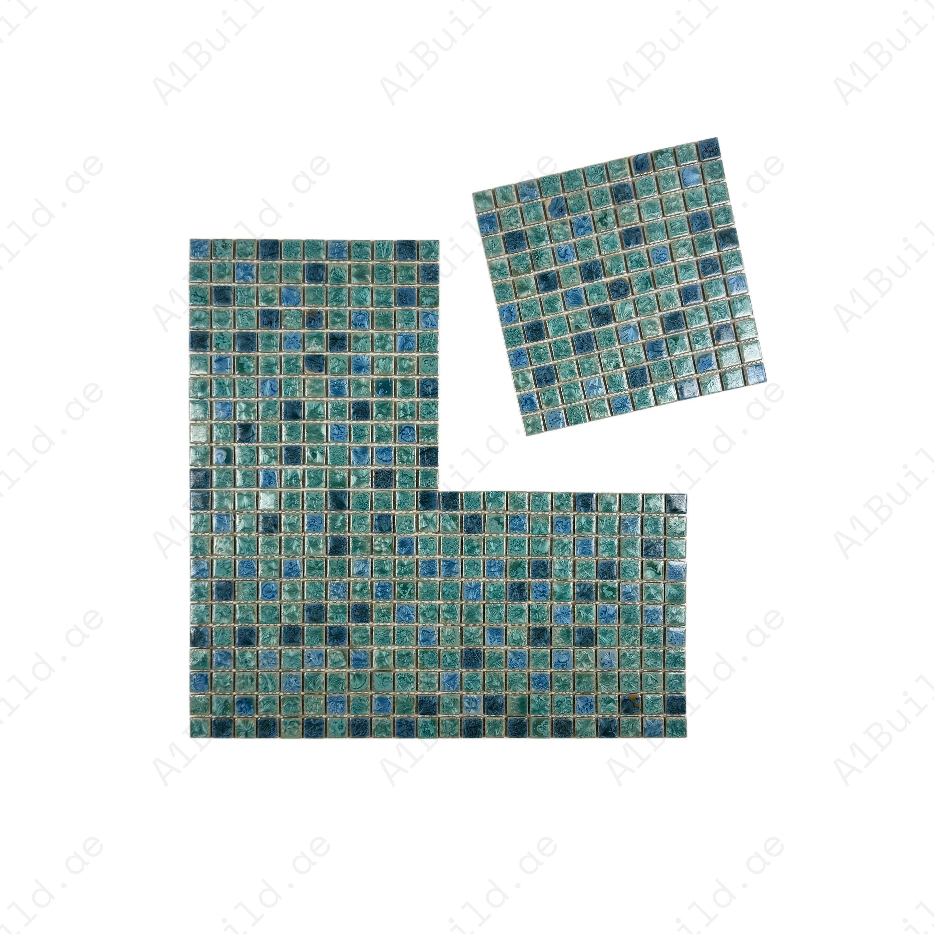 Premium blue mixed porcelain mosaic with ice crack texture. Durable, slip-resistant, perfect for walls, backsplashes, and decorative interior accents.