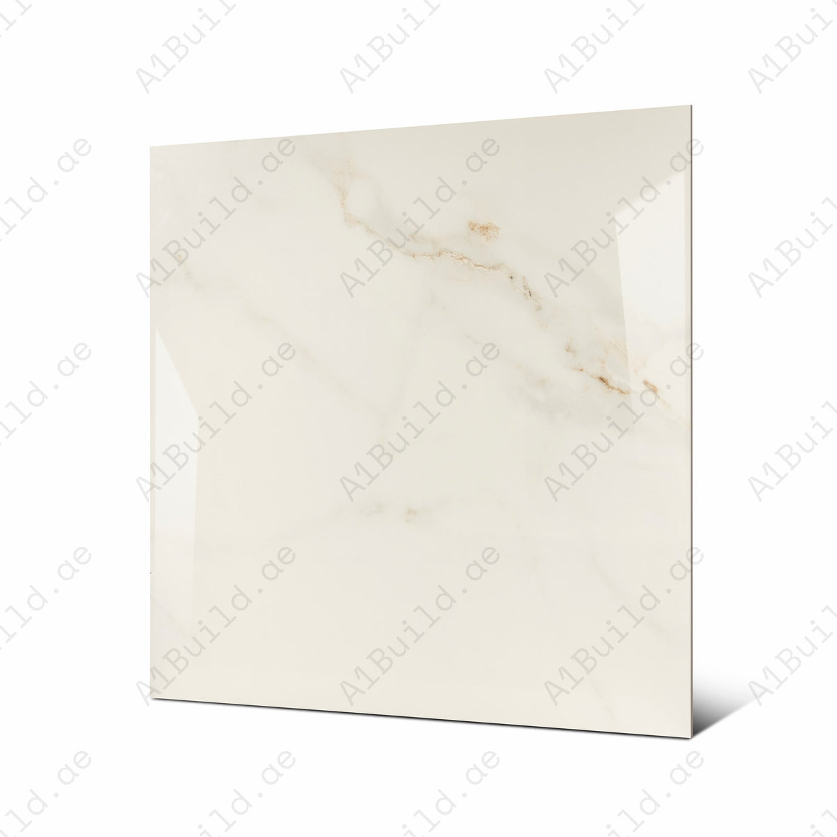 Angled view of 120x120cm ivory and gold marble look porcelain tile for luxury floor and wall applications