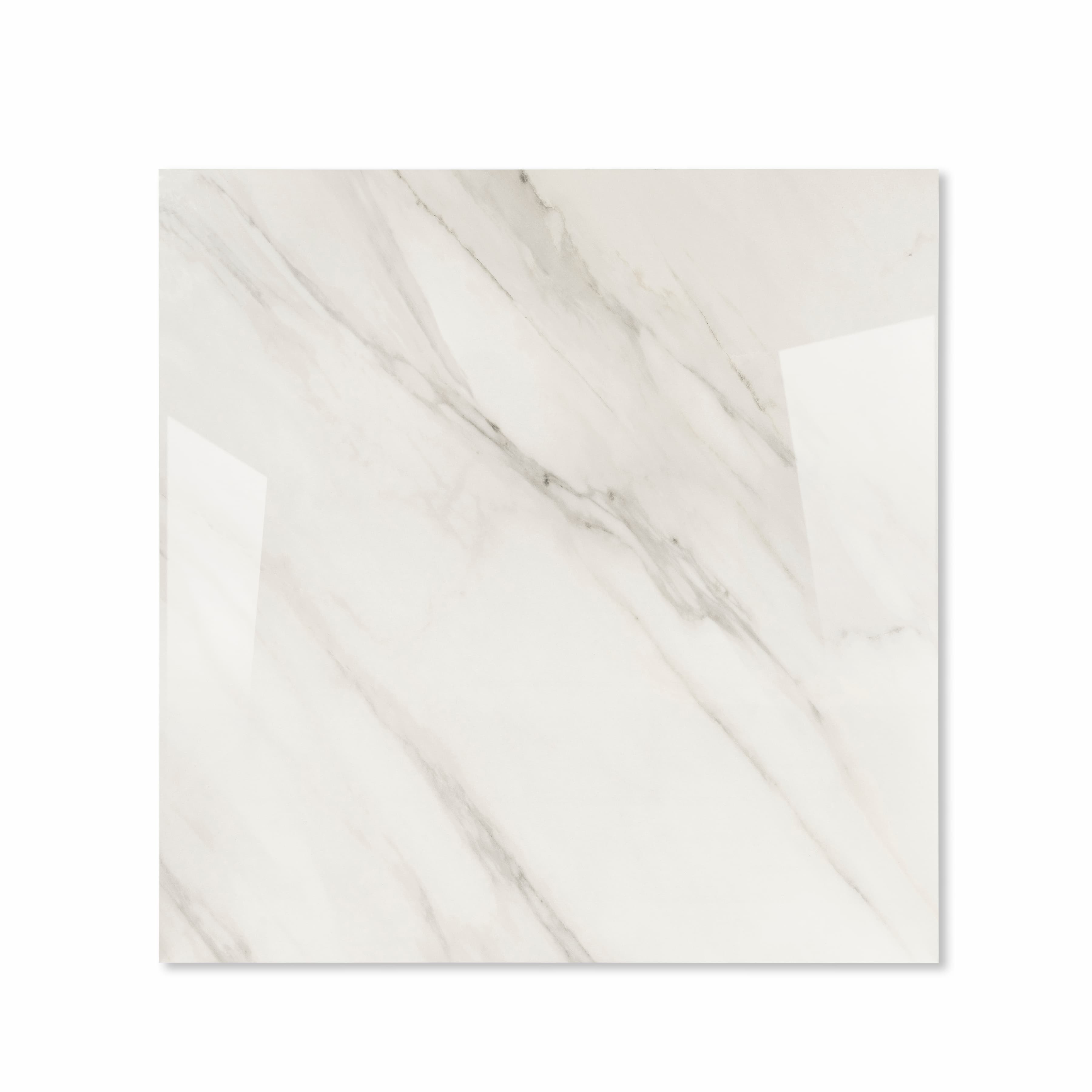 Top view of Calcutta Aurora Calacatta-effect porcelain tile with flowing diagonal grey and bronze veining