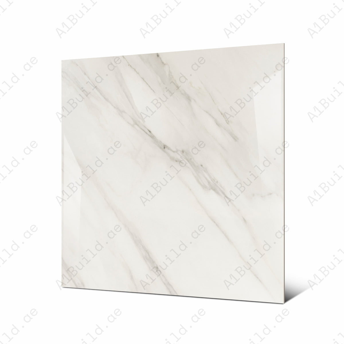 Angled view of 120x120cm Calacatta marble look porcelain tile for luxury floor and wall applications