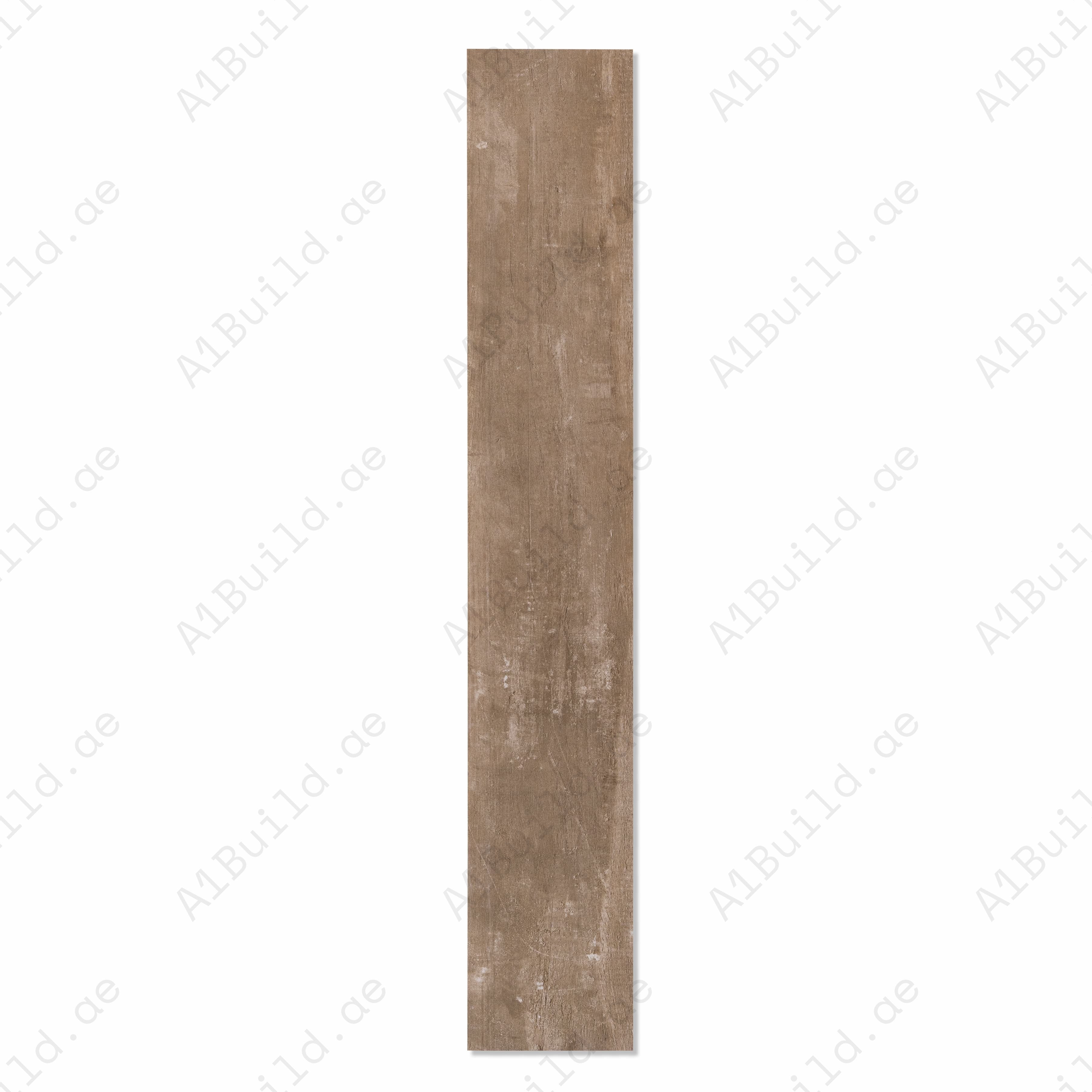 Speria Smoke weathered brown wood-look porcelain plank tile with rustic texture