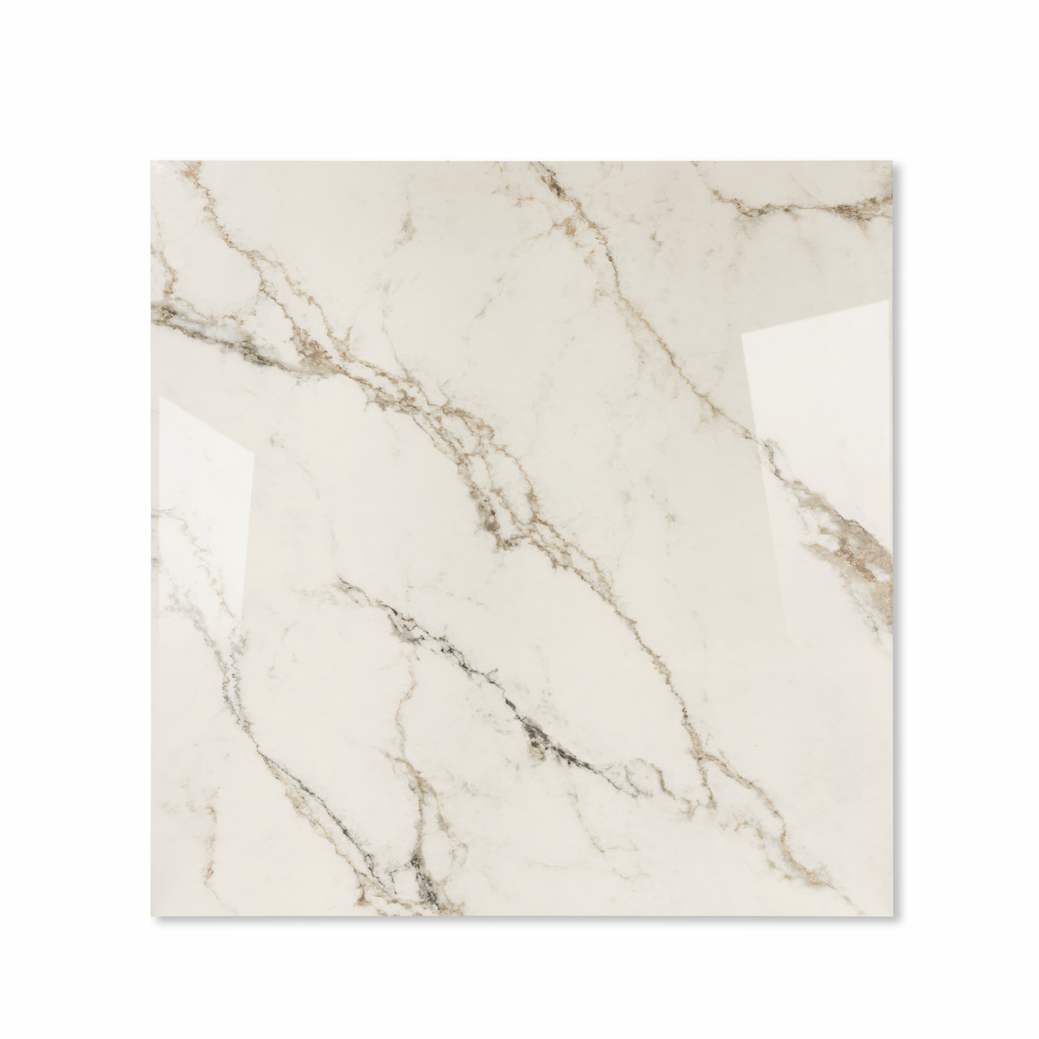 Top view of Signora travertine-effect porcelain tile with warm horizontal banding and glossy finish