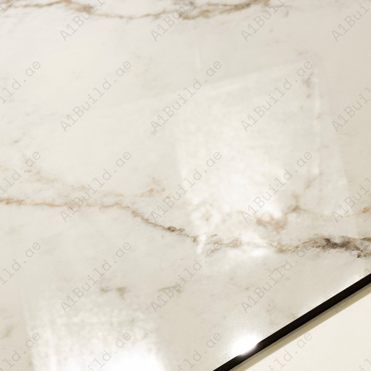 Close-up detail showing the warm cream tones and mirror-gloss surface of Signora porcelain tile