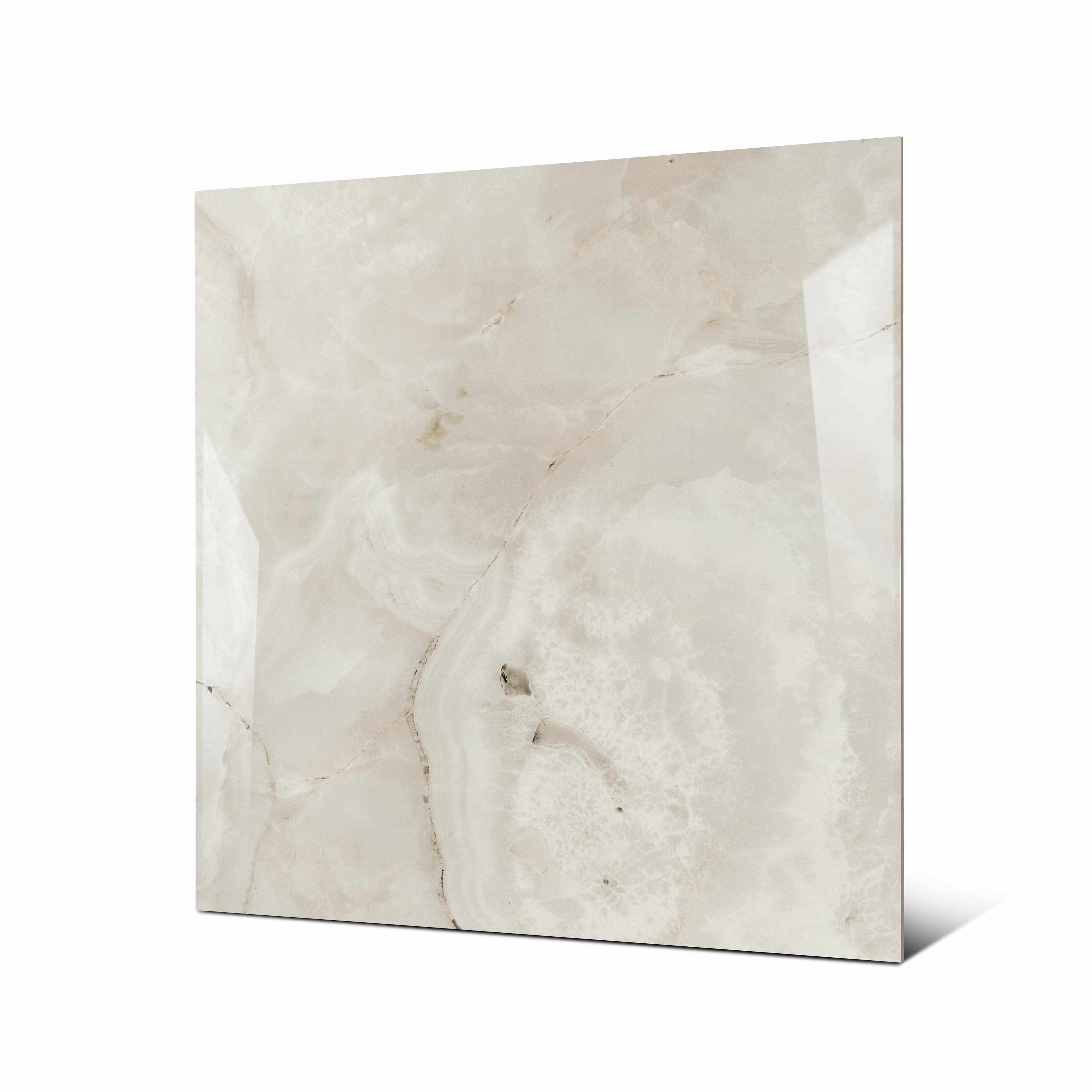 Angled view of 120x120cm ivory onyx with gold veining porcelain tile for luxury floors and walls