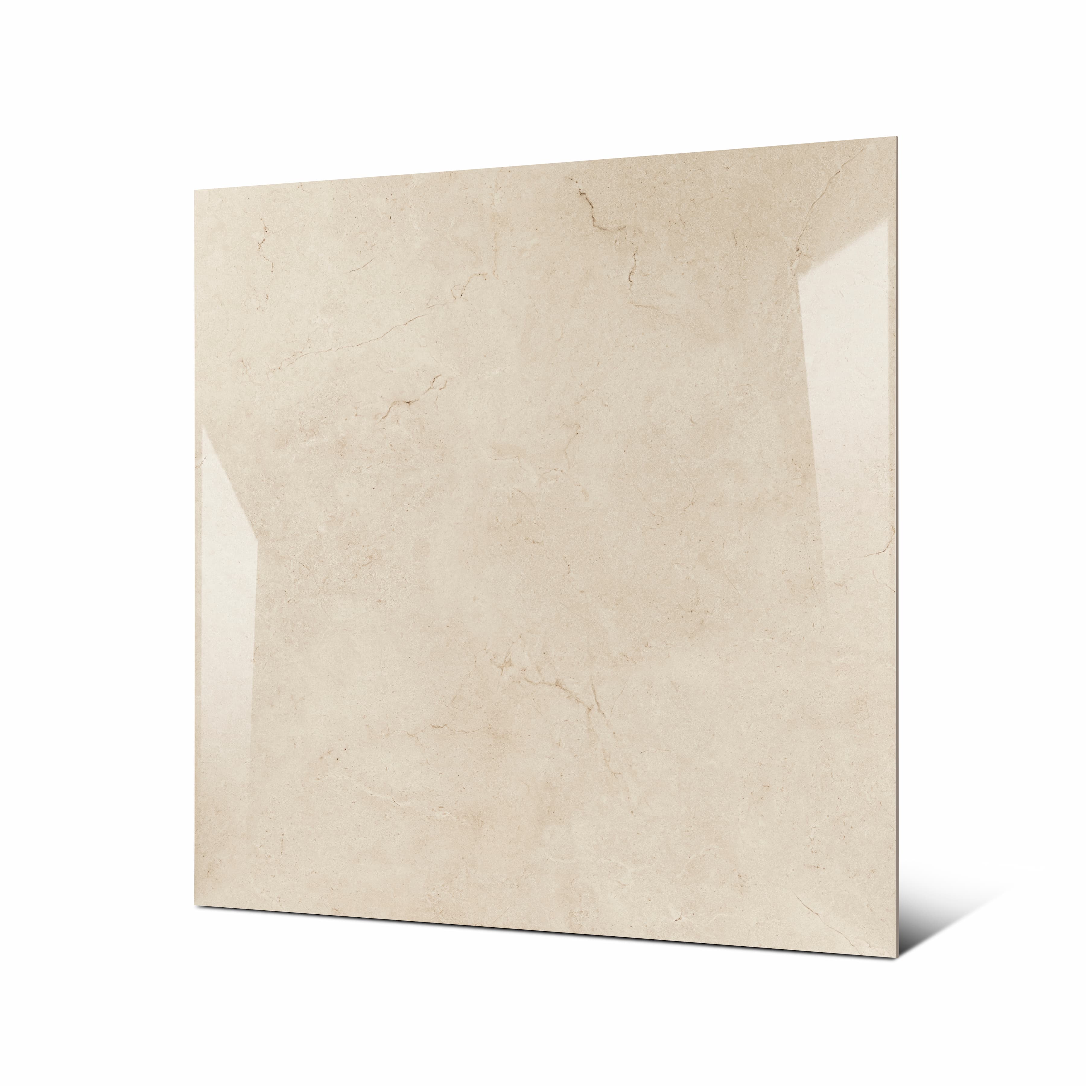 Angled view of 120x120cm Crema Marfil look porcelain tile for luxury floor and wall applications