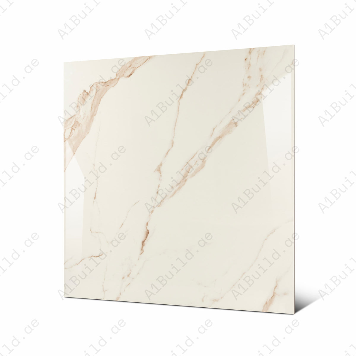 Angled view of 120x120cm ivory and pink marble look porcelain tile for luxury floor and wall applications