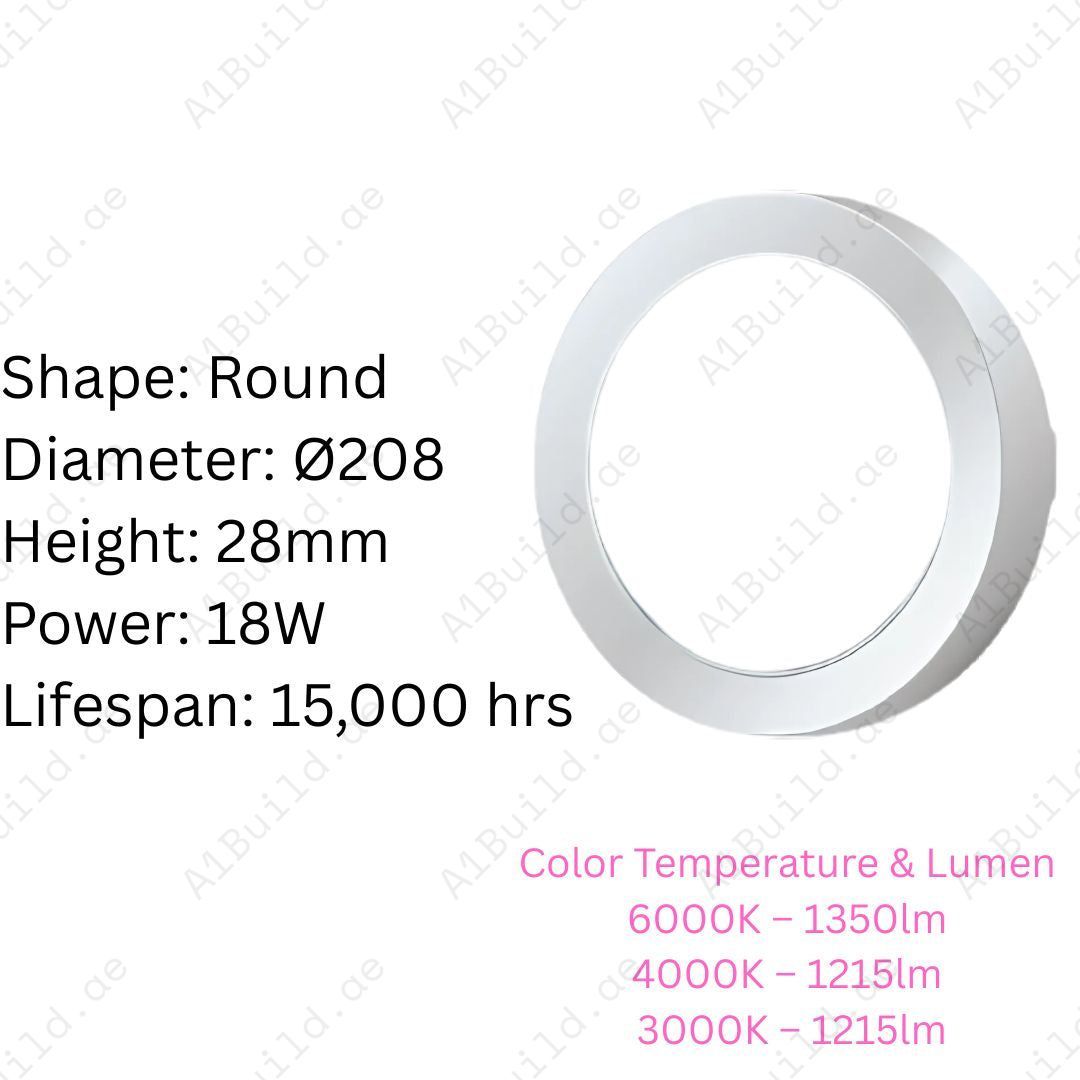 18W Surface Panel Downlight with up to 1350lm brightness, 30,000hrs lifespan & 80% energy saving. Perfect round LED ceiling light for homes & offices.