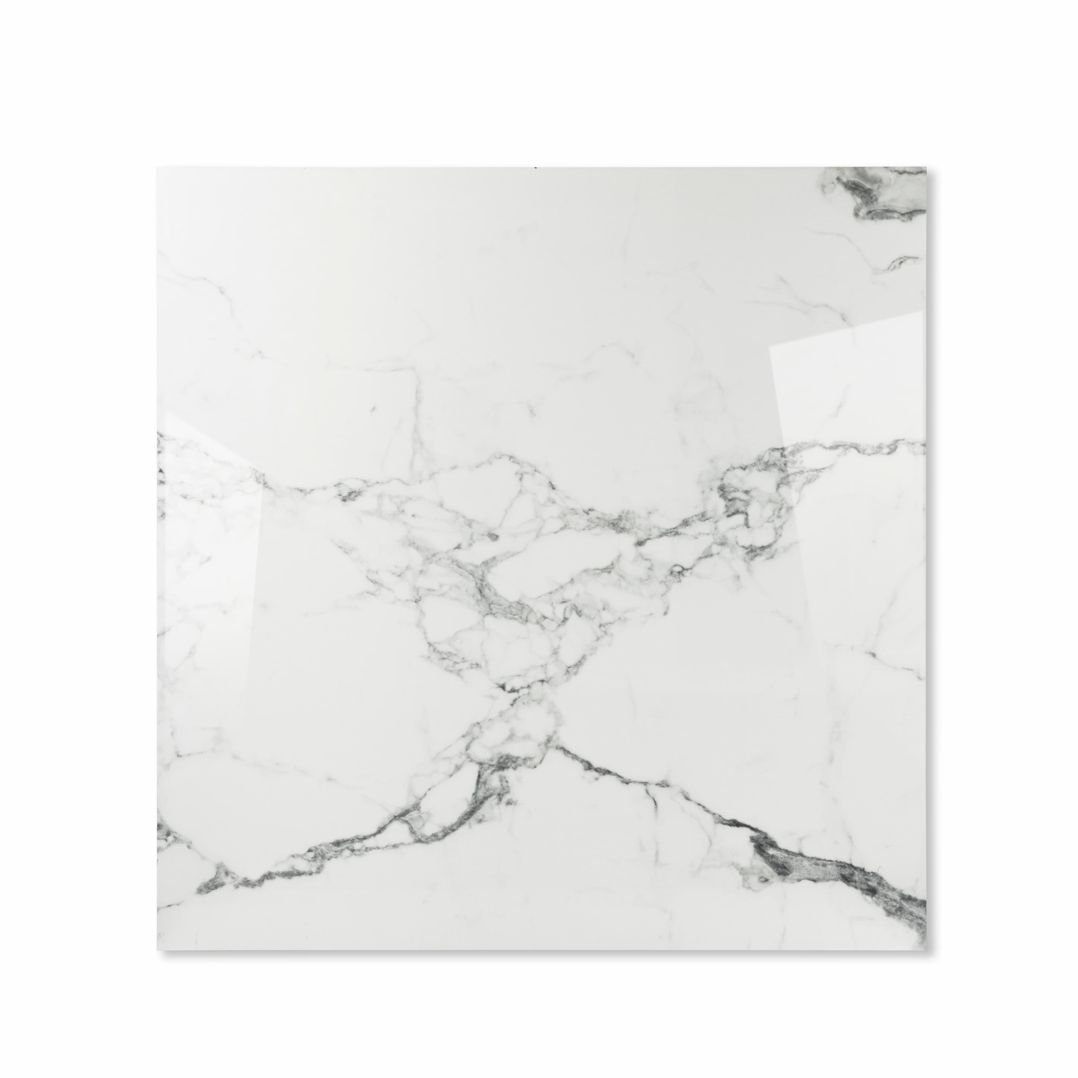 Top view of Staturio Krypton Statuario-effect porcelain tile with dramatic charcoal veining and glossy finish