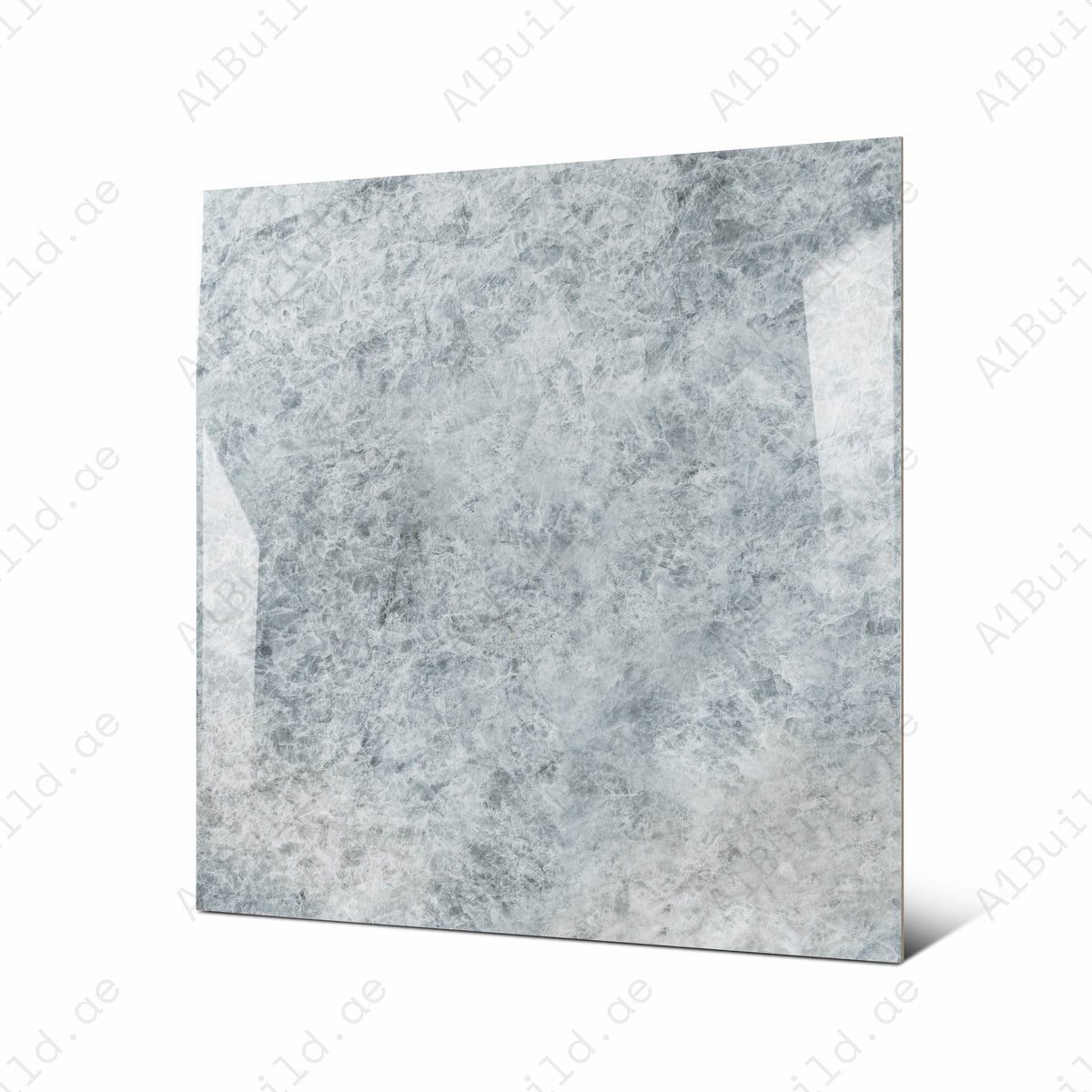 Angled view of 120x120cm icy grey quartzite look porcelain tile for luxury floor and wall applications
