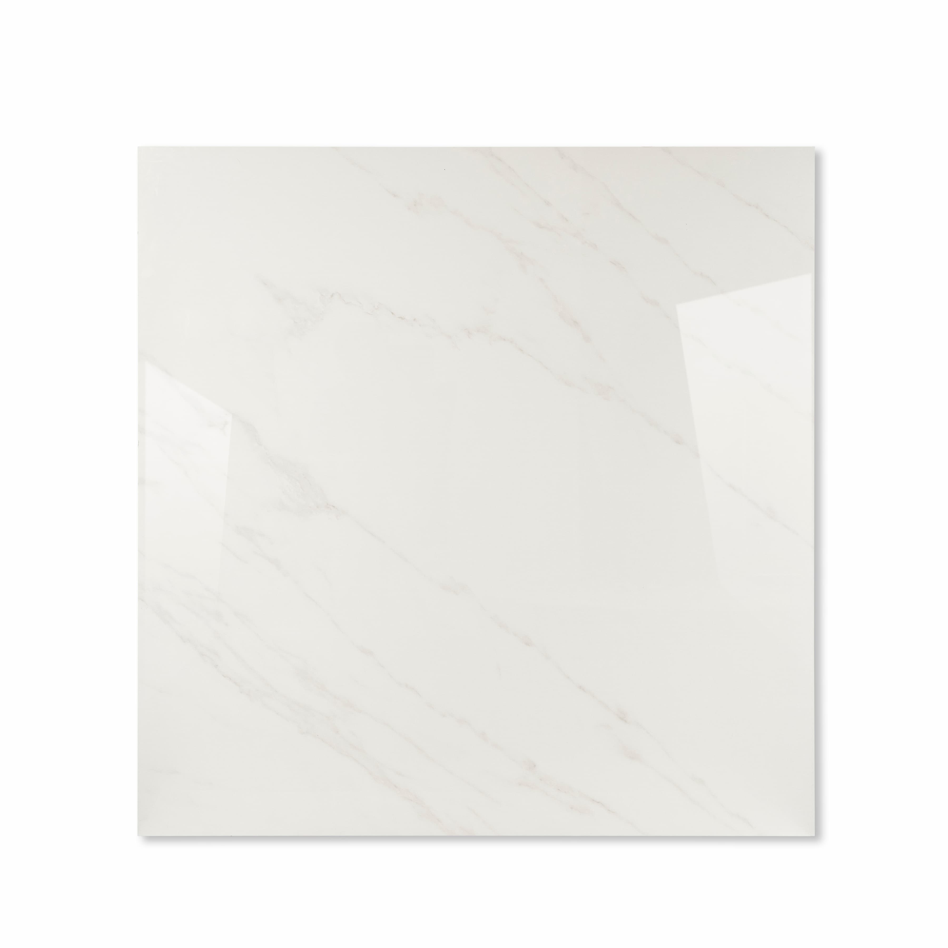 Angled view of 120x120cm pearl-white marble look porcelain tile for luxury floor and wall applications