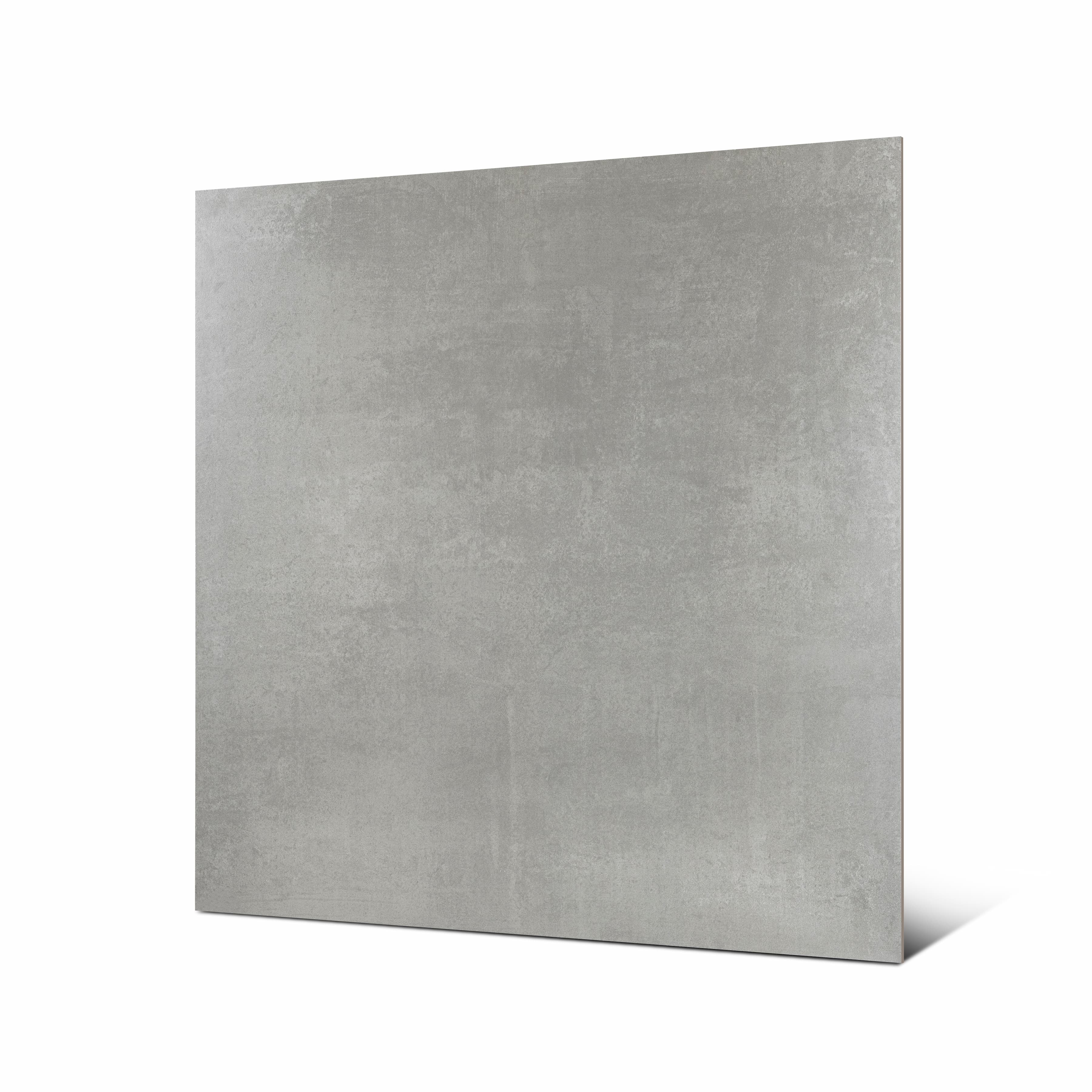 Angled view of 120x120cm concrete look matt porcelain tile for indoor and outdoor applications