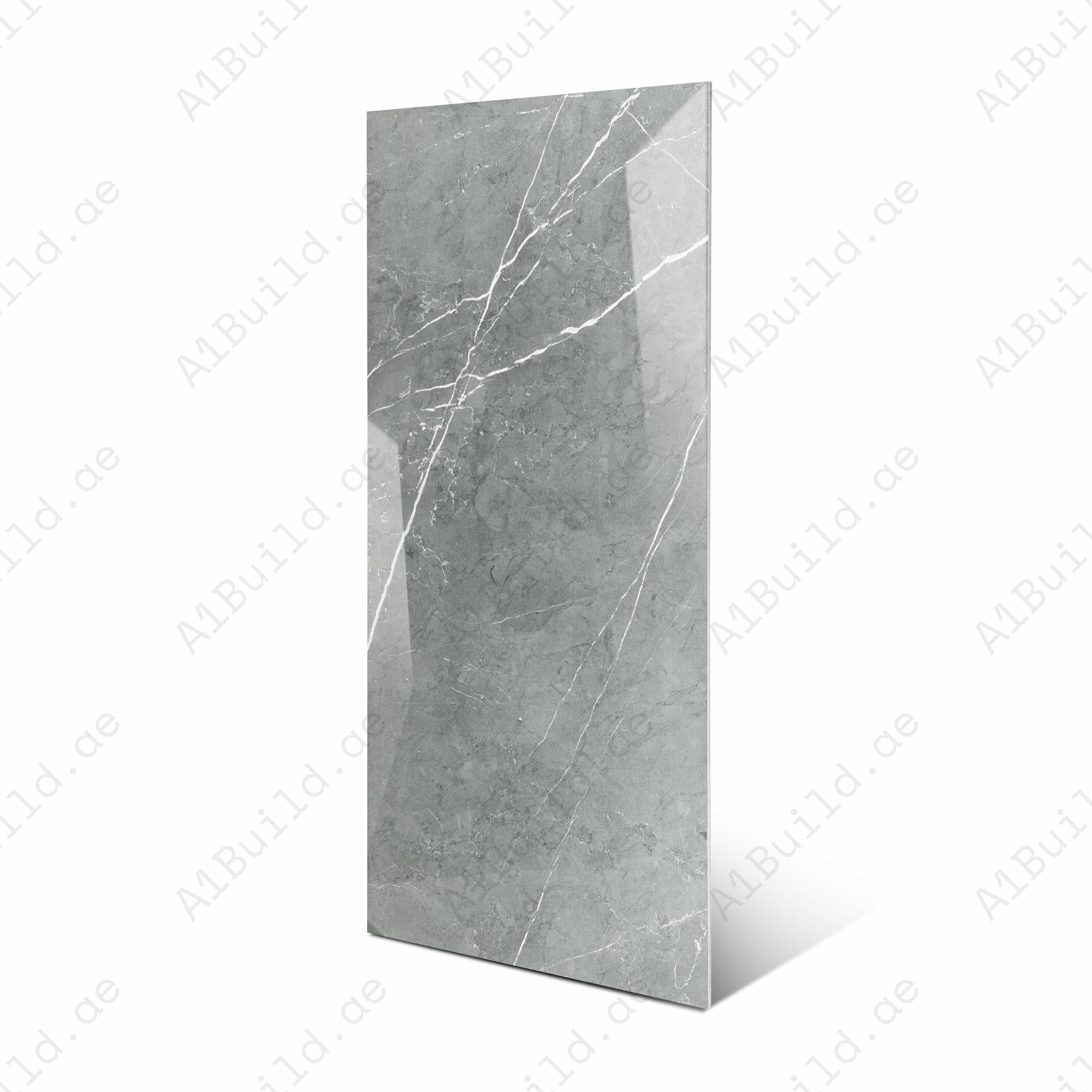 Pietra Grey Glossy Porcelain Tile 60x120cm | Cool Dark Grey Marble Look Large Format | Luxury Floor & Wall Tile UAE