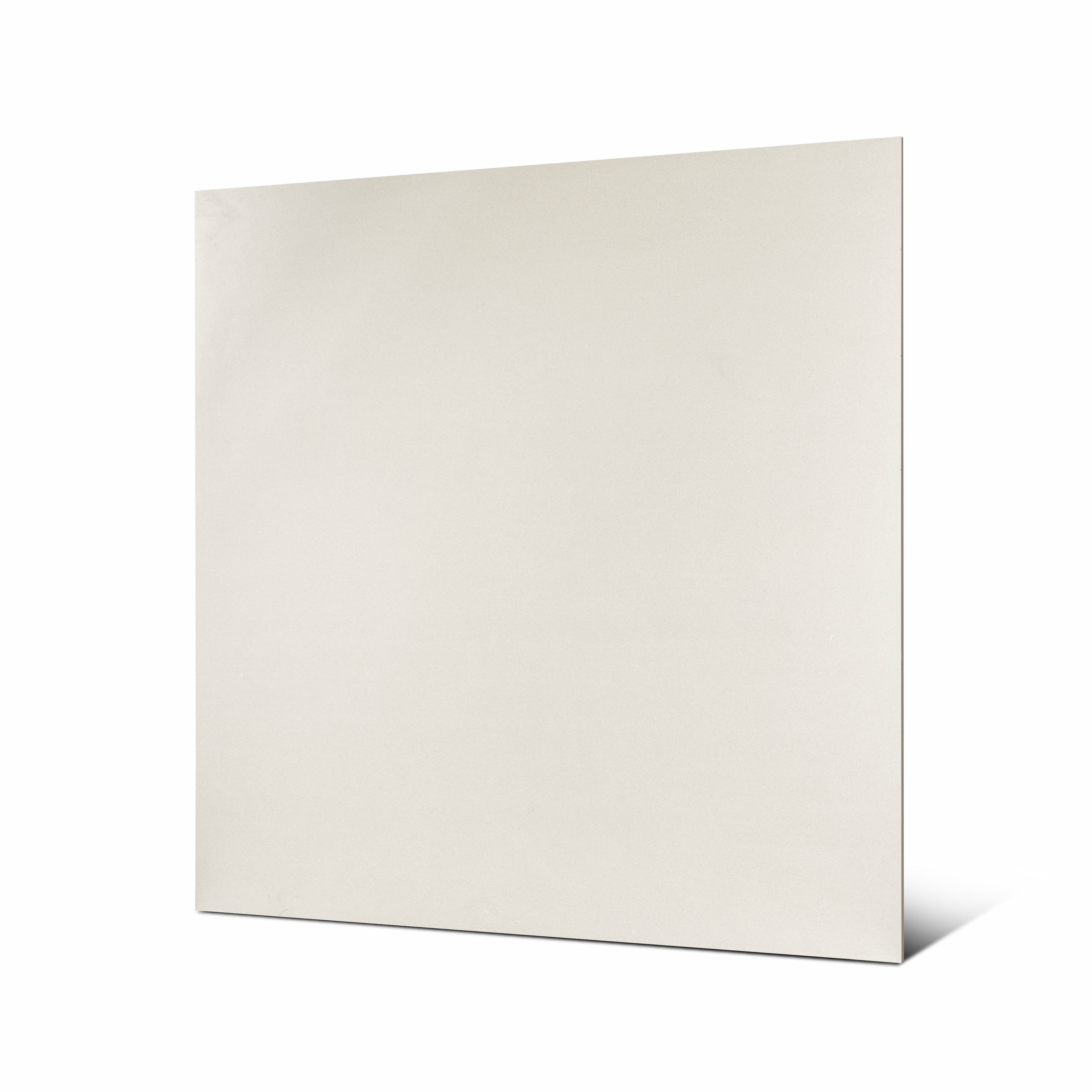 Angled view of Santorini Light large format porcelain tile showing soft cream tone and rectified edge