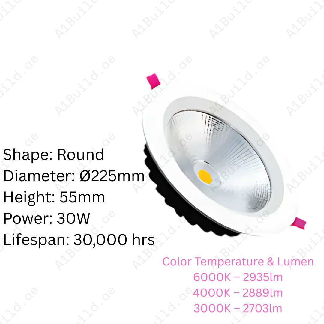 30W LED Downlight, 2703-2935lm, 40° beam angle, 30,000hrs lifespan & 80% energy saving. Perfect for homes, offices & retail lighting in 6000K, 4000K, 3000K.
