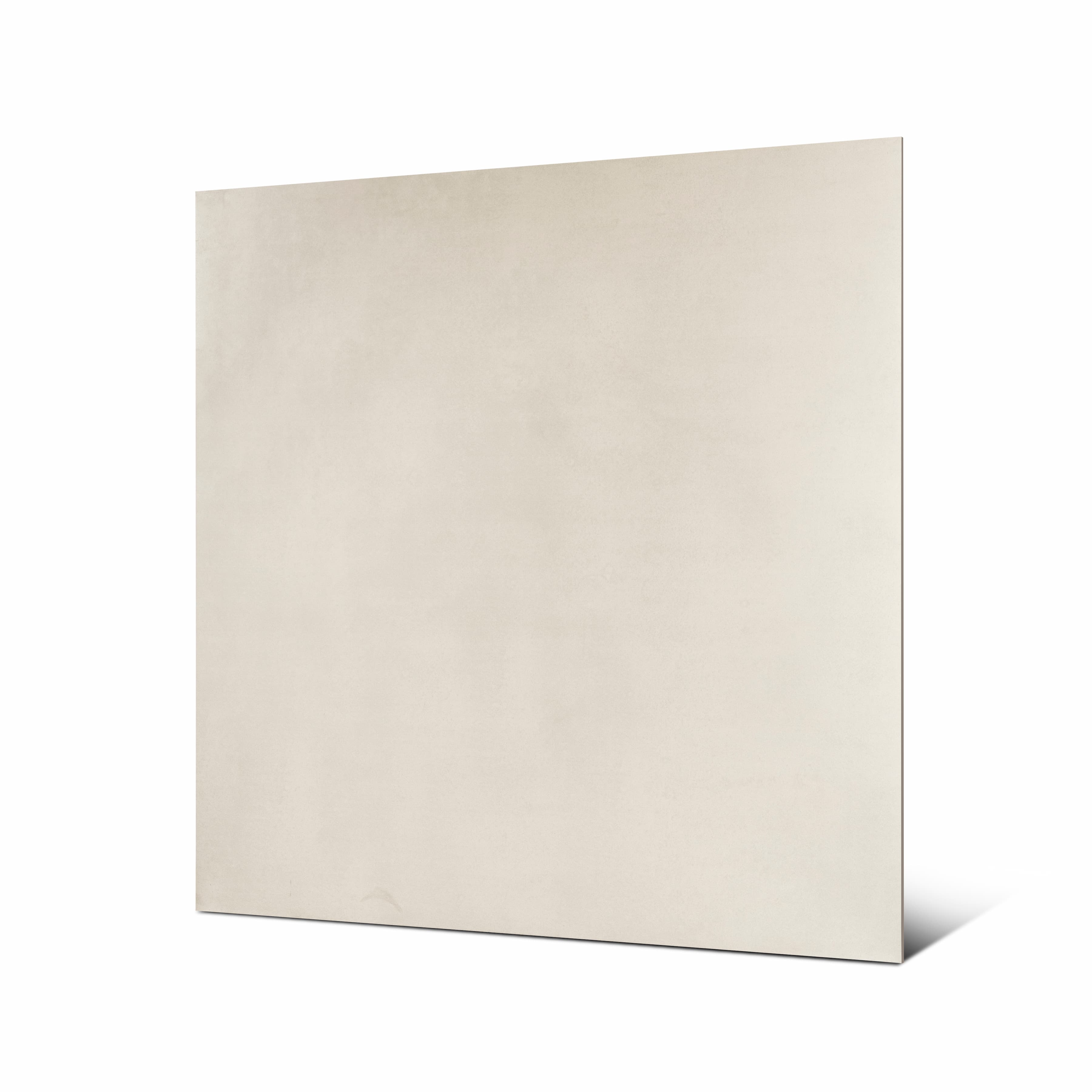 Angled view of Portland Bianco large format porcelain tile showing architectural off-white tone and rectified edge