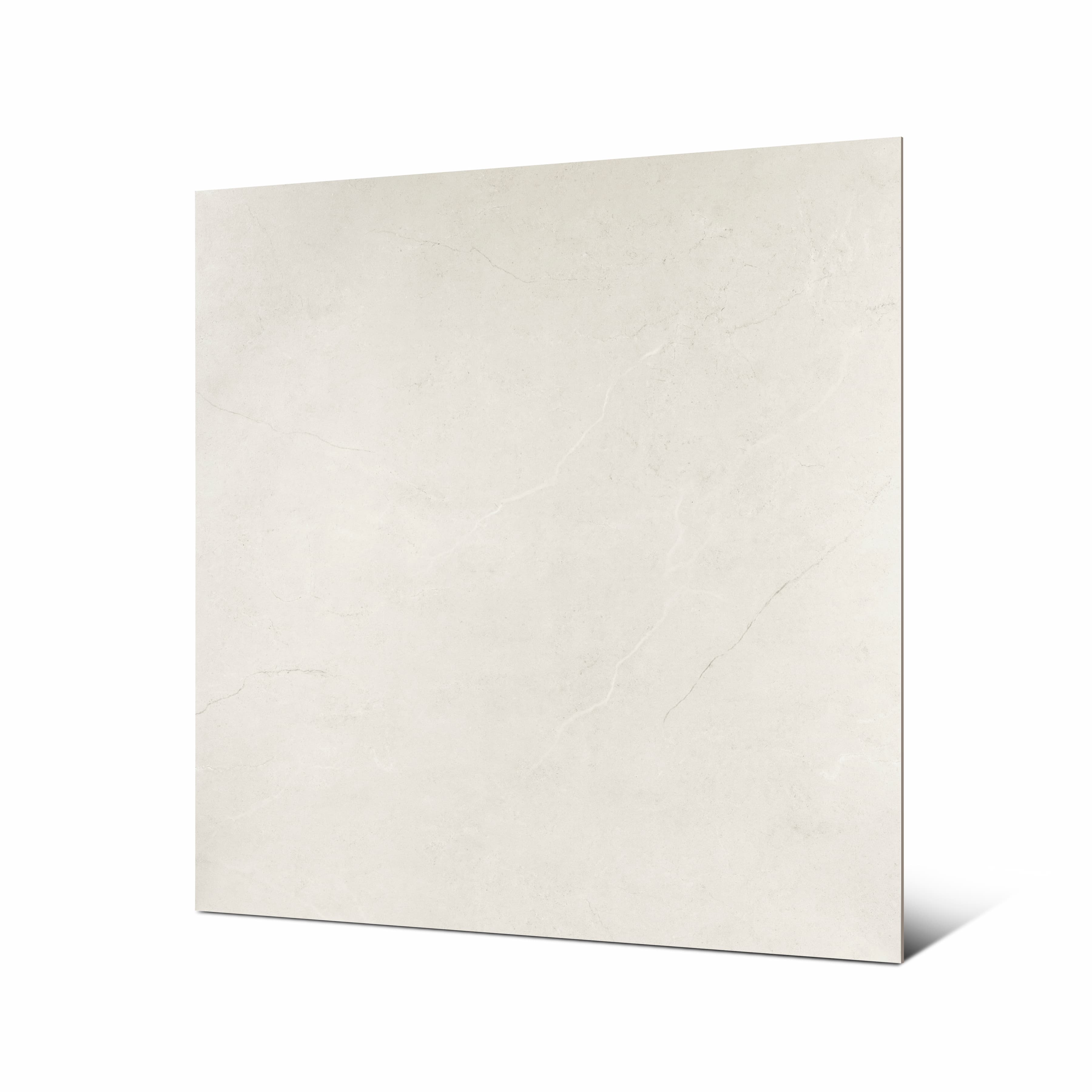Angled view of Oslo Pearl New large format marble look porcelain tile showing soft Nordic veining and rectified edge
