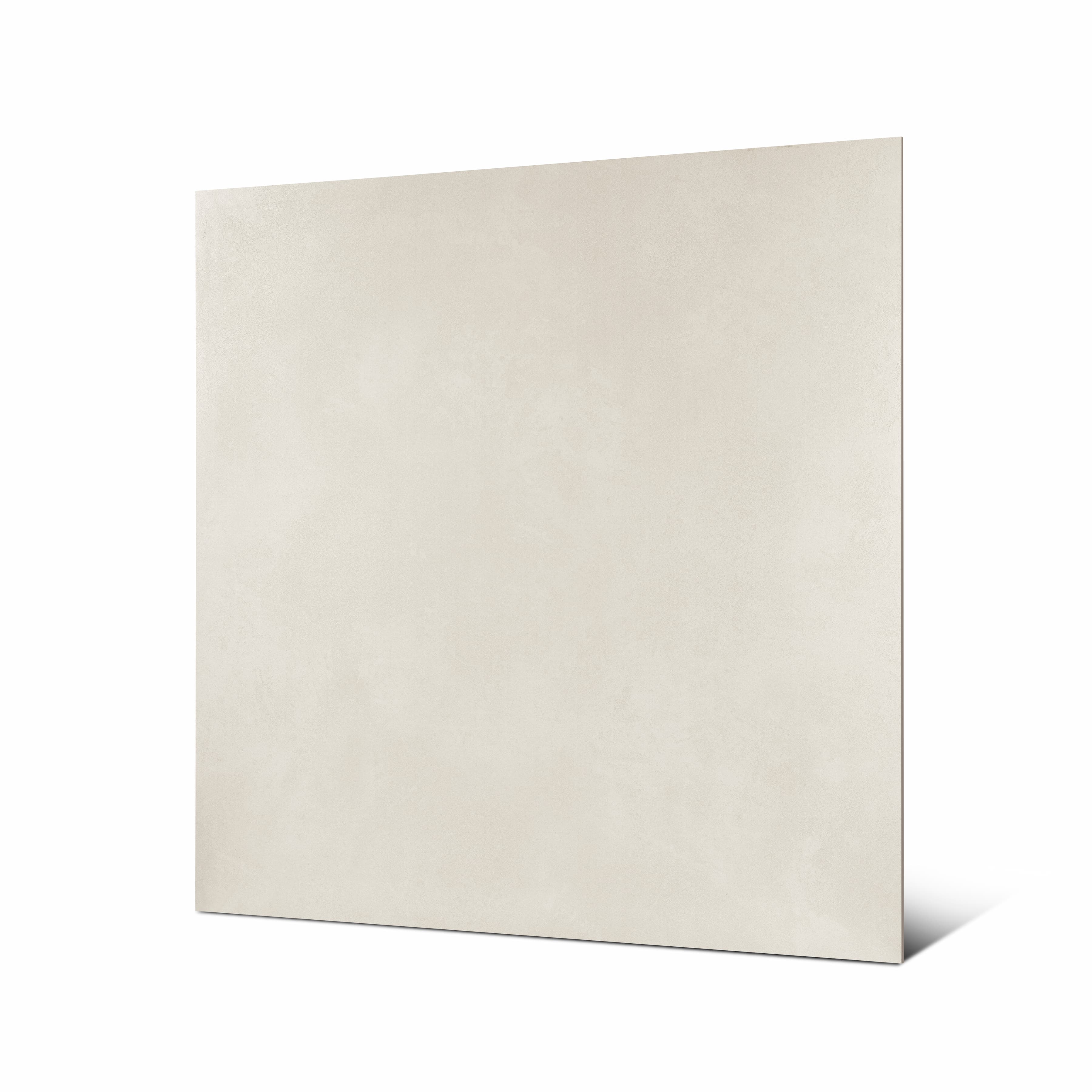 Angled view of Meeray Grey large format warm grey porcelain tile showing matte finish and rectified edge