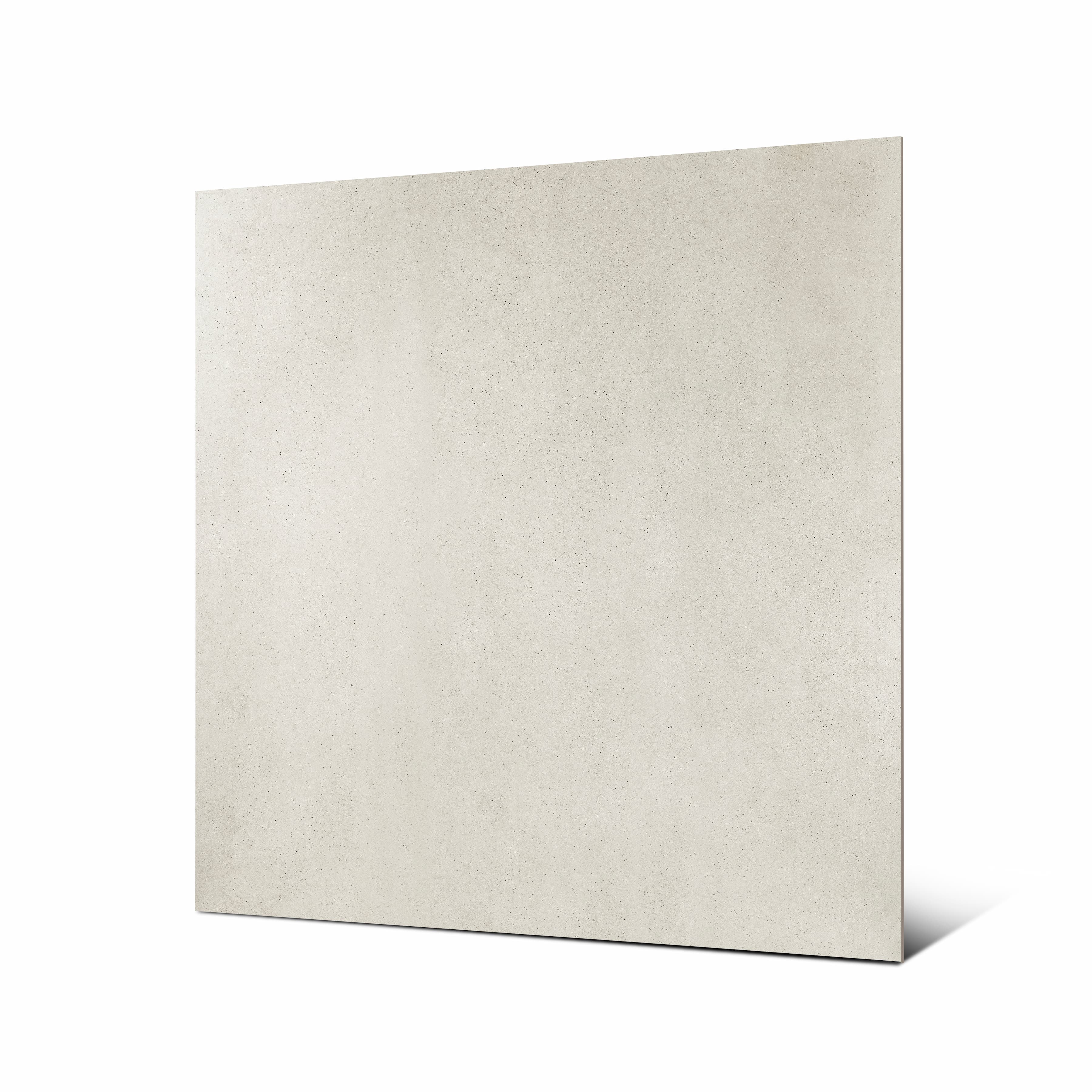 Angled view of Vera Grey large format speckled grey porcelain tile showing matte finish and rectified edge