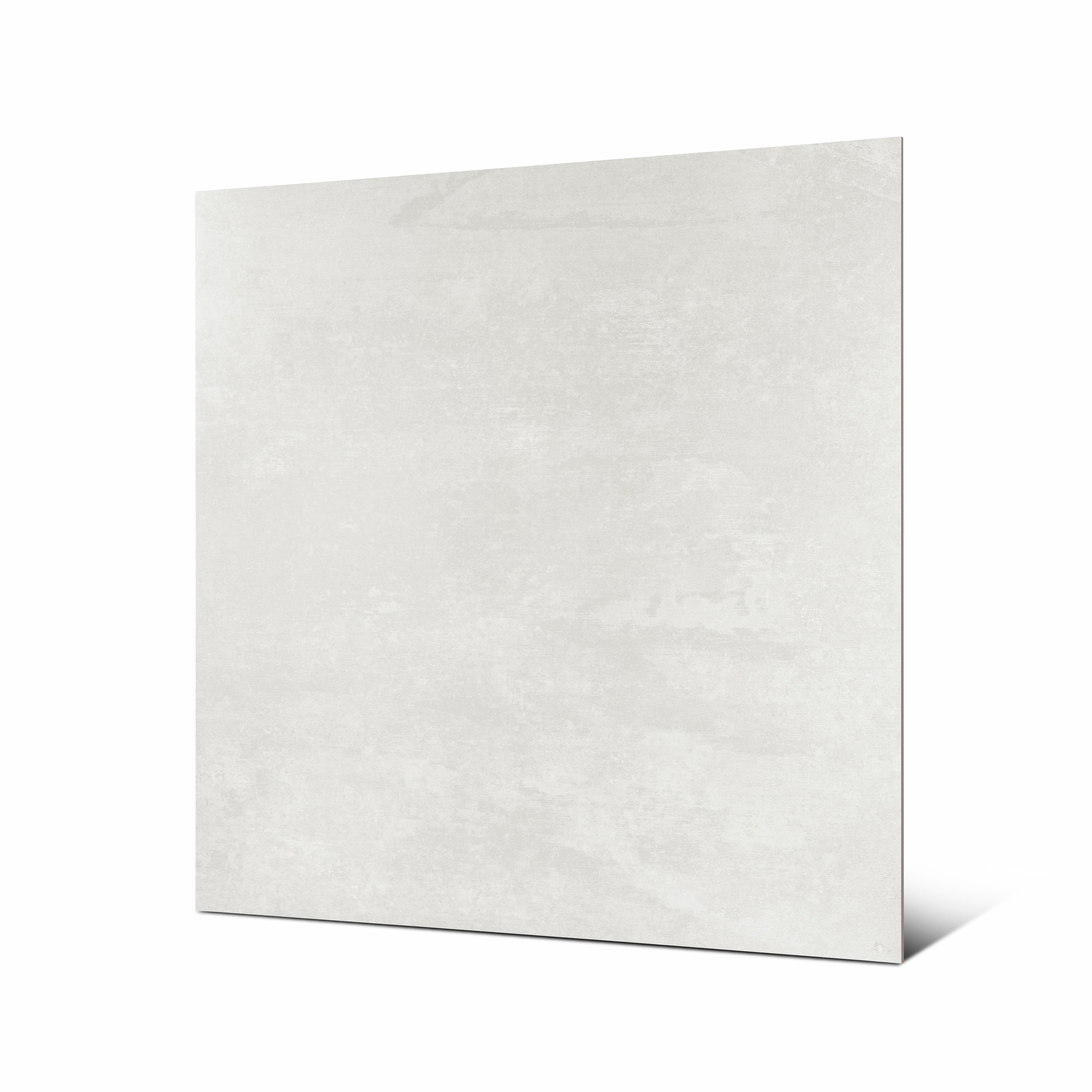 Angled view of Granite White large format brushed effect porcelain tile showing modern white finish and rectified edge