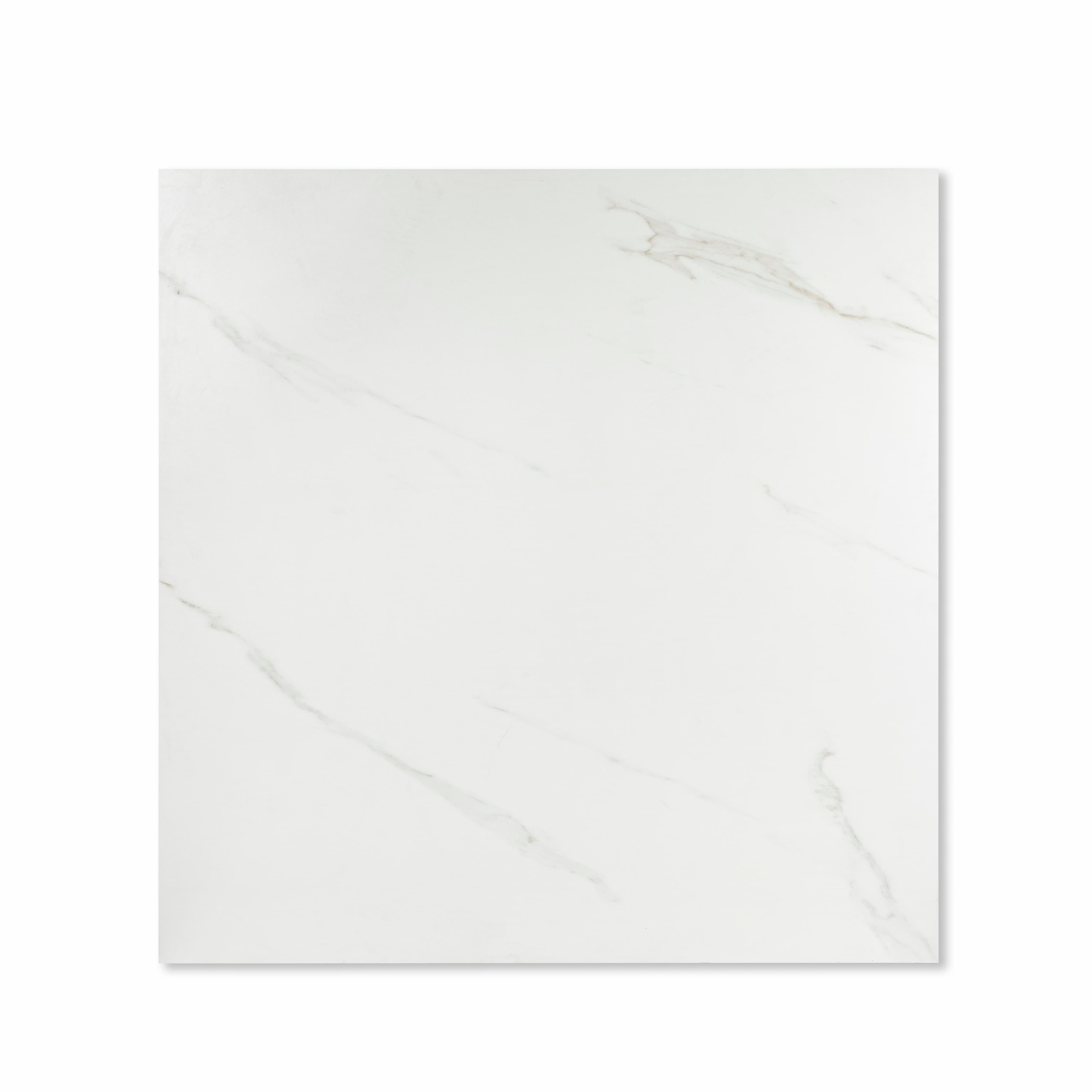 Smoke White 120x120cm Calacatta marble effect matte porcelain tile on easel against onyx marble backdrop in UAE luxury tile showroom