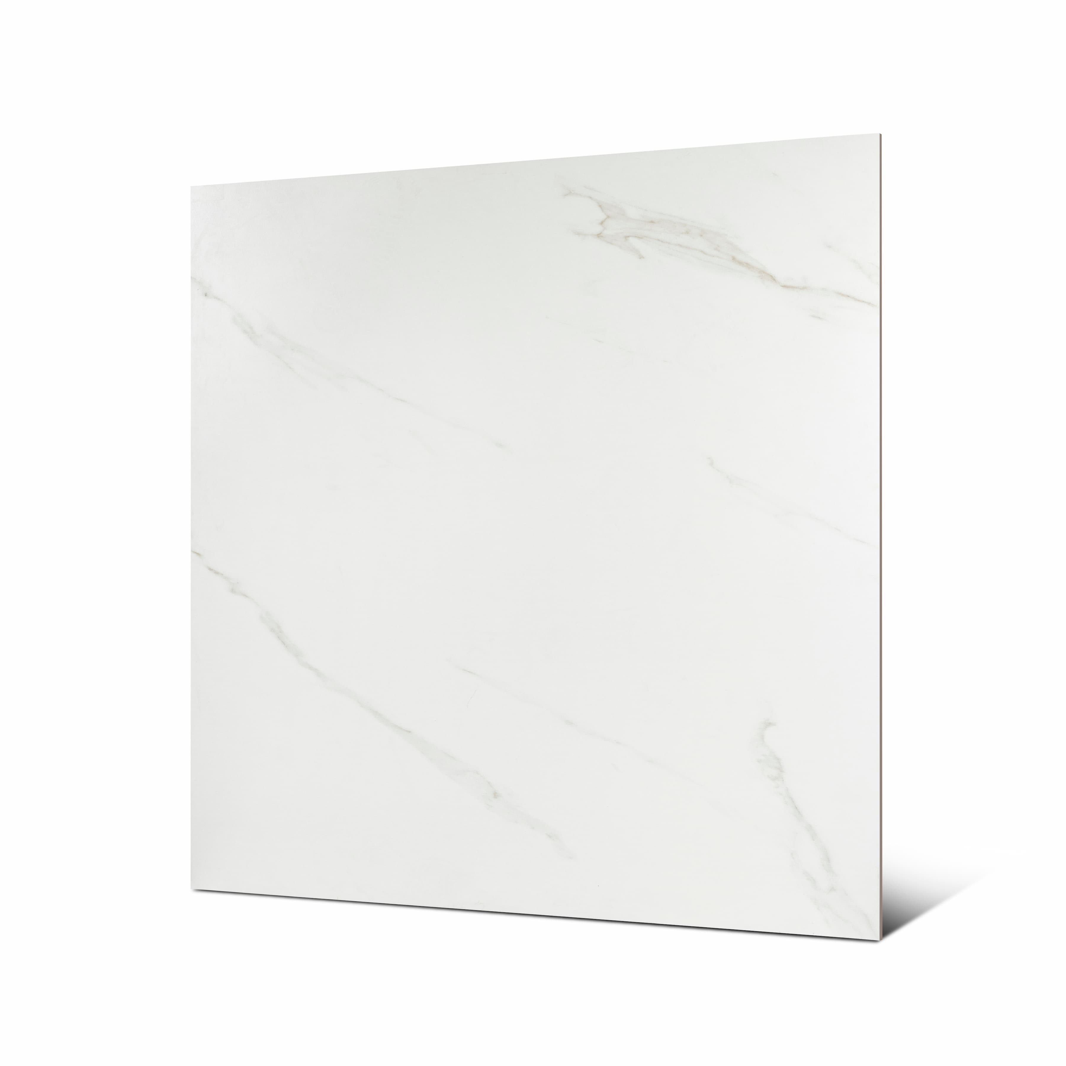 Top view of Smoke White bright white porcelain floor tile 120x120cm with classic smoky grey Calacatta-style marble veining
