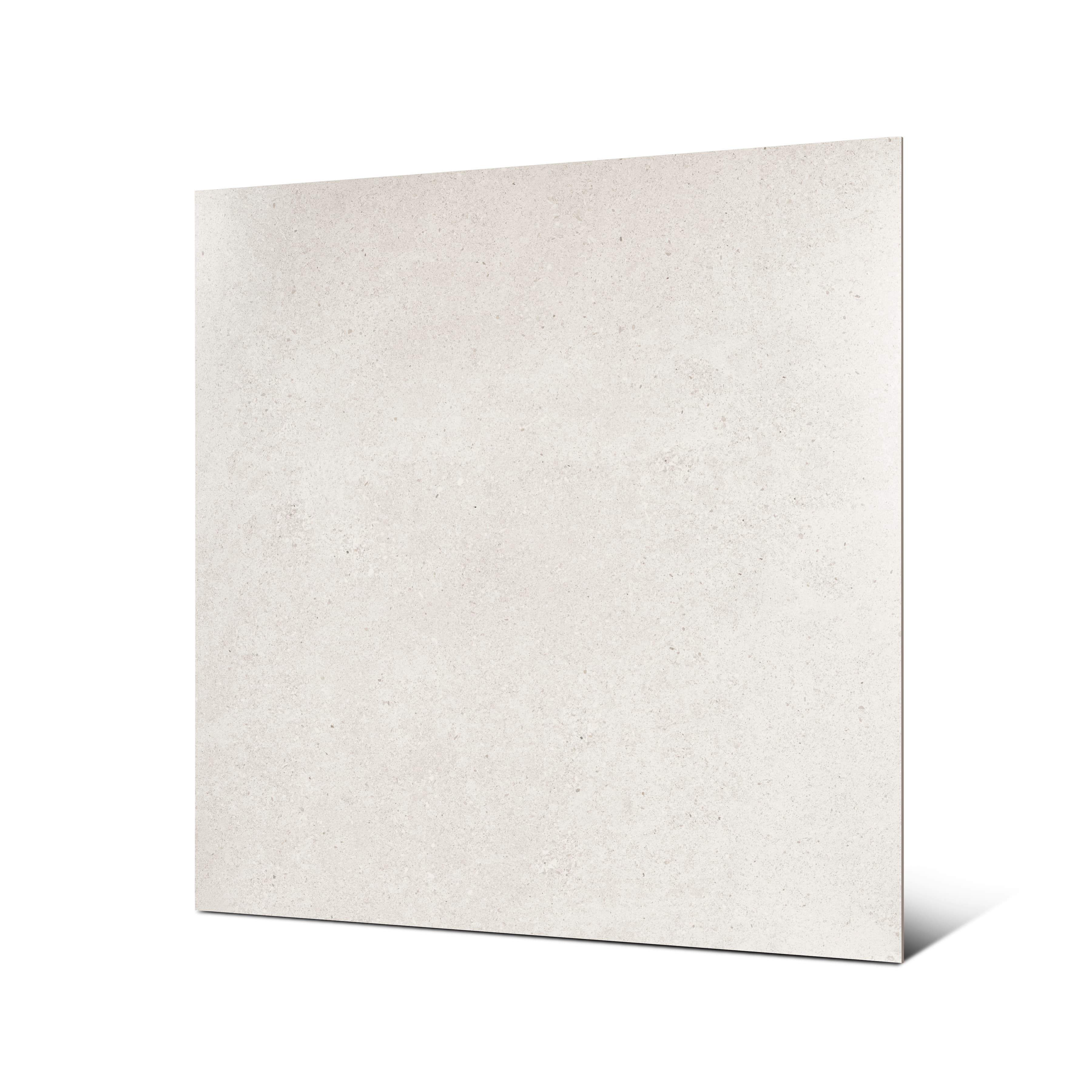 Angled view of Ferro White large format warm white porcelain tile showing speckled character and rectified edge